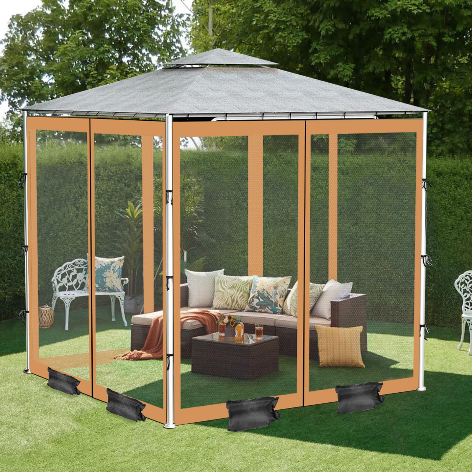 Zanzariera per esterni con cerniera a 2 vie, 4 porte, zanzariera per gazebo 10 x 10 per giardino/patio/padiglione, rete di ricambio per gazebo con 8 sacchi di sabbia, 52 ganci, 12 corde (solo