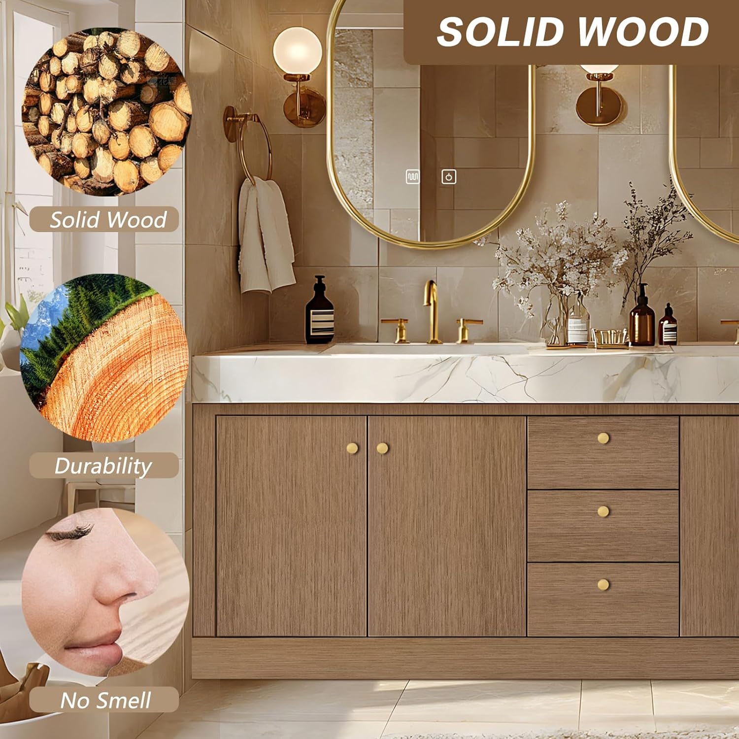 92IN Bathroom Vanity - Modern Bathroom Vanity with Double Sinks Includes Solid Wood Storage Cabinet, Three Drawers, LED Smart Defog Mirror, Exquisite Faucets