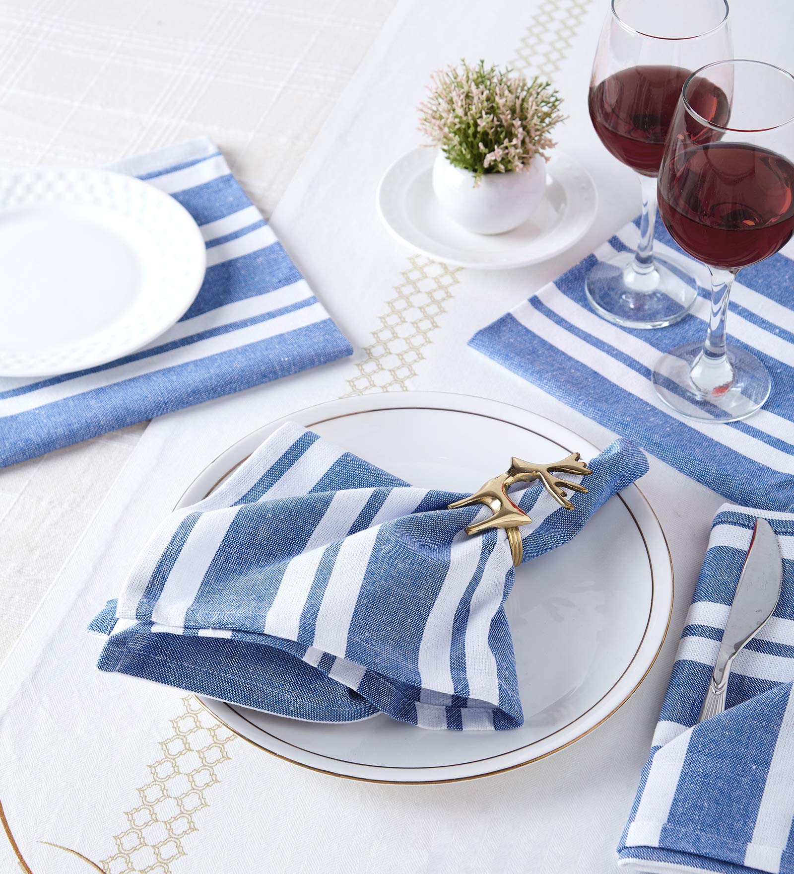 Encasa XO Baumwoll-Servietten Set mit 6 Stück | Franca Blue Stripes | Größe 43x43 cm | Tischservietten | Maschinenwaschbar & Wiederverwendbar