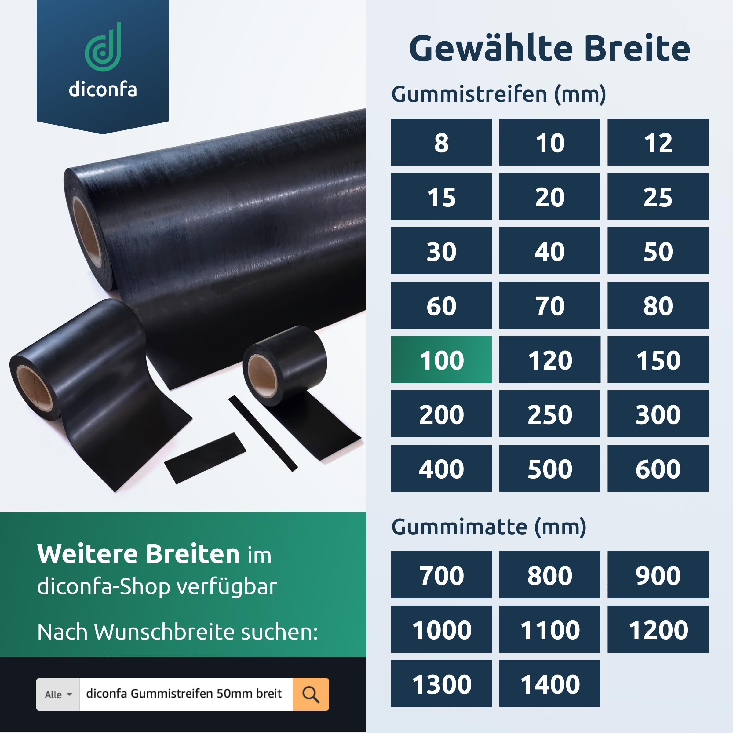 diconfa rotolo strisce di gomma 100mm 10cm Larghezza - Lunghezza da 0,05 a 10m Spessore da 0,5 a 20mm - SELEZIONE 10000mm (1000cm), 2mm - Tappetino rotoli antiscivolo Impermeabile Robusto al metro