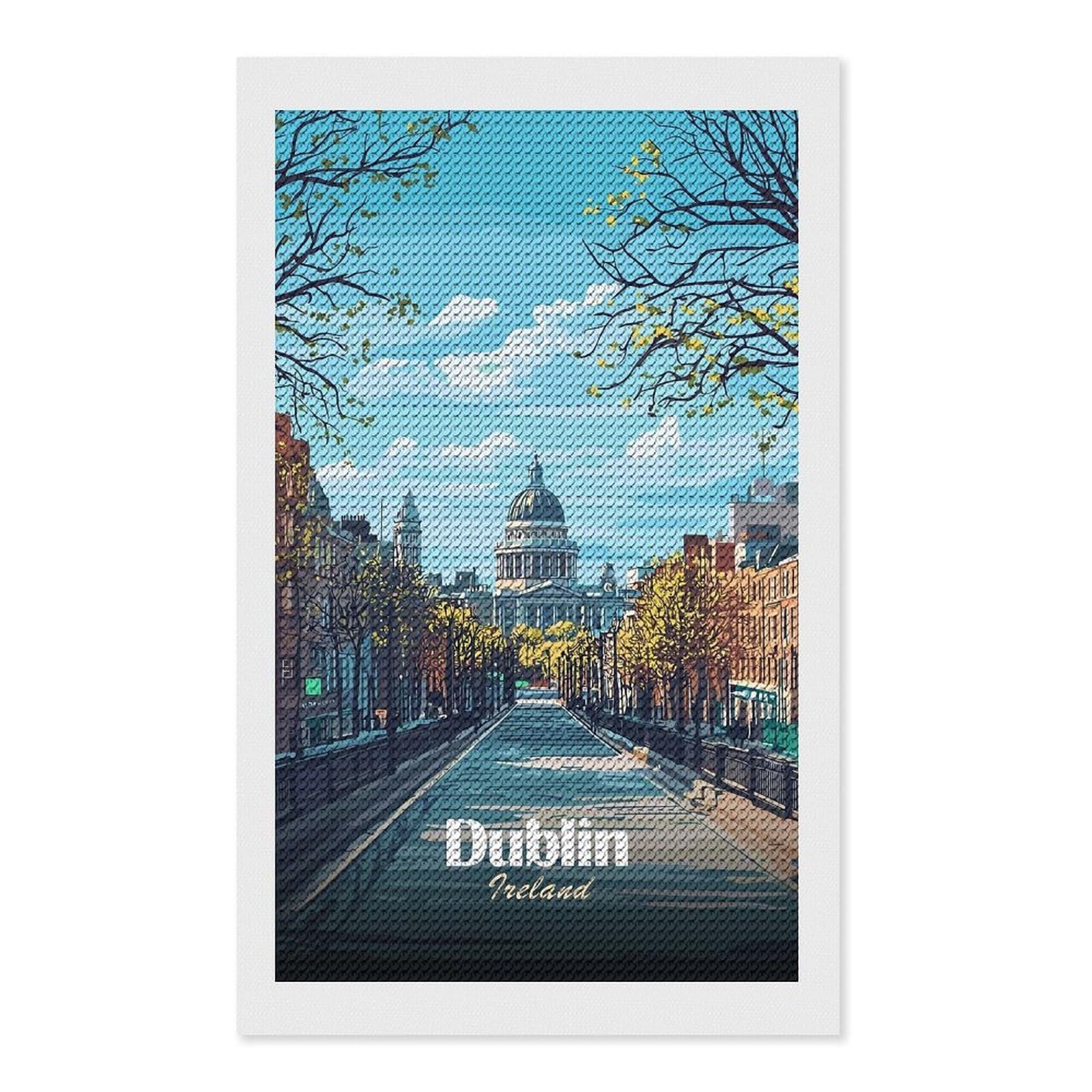 Junmoney Dublin, Ireland Cityscape Illustration Diamond Art Kit 12"x20", for Beginners, Vintage Style Decor, Good for Quiet Evenings, Festive Craft Gift