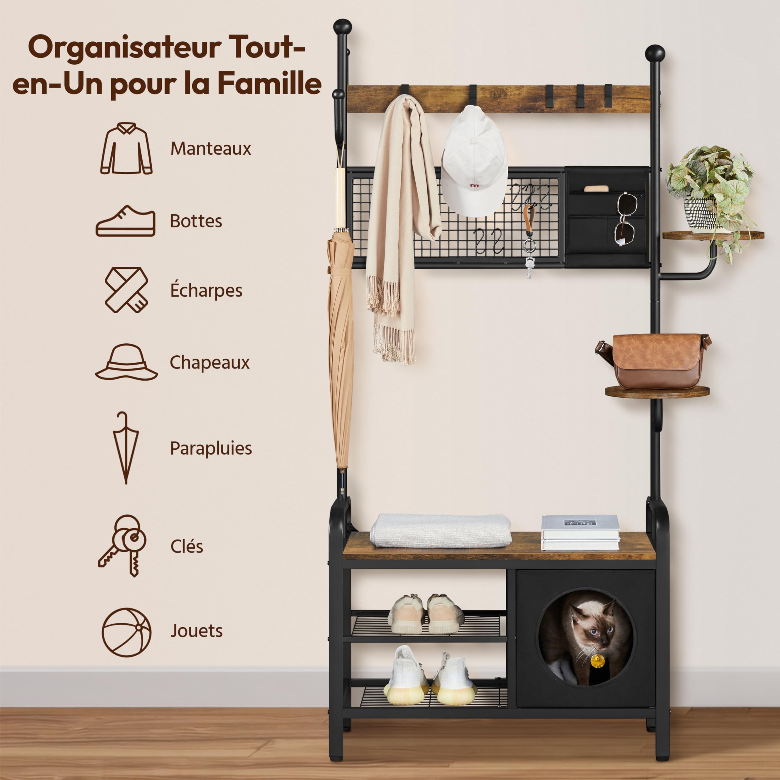 Yaheetech Porte-manteau avec Étagère à Chaussures, Meuble d’Entrée avec Banc, Crochets, Étagère et Niche Chat, 109 x 41,5 cm x 183,5 cm, Style Industriel Chat-Humain, pour Entrée, Couloir, Chambre | Meuble d'entrée peu encombrant | Banc à chaussures et cr