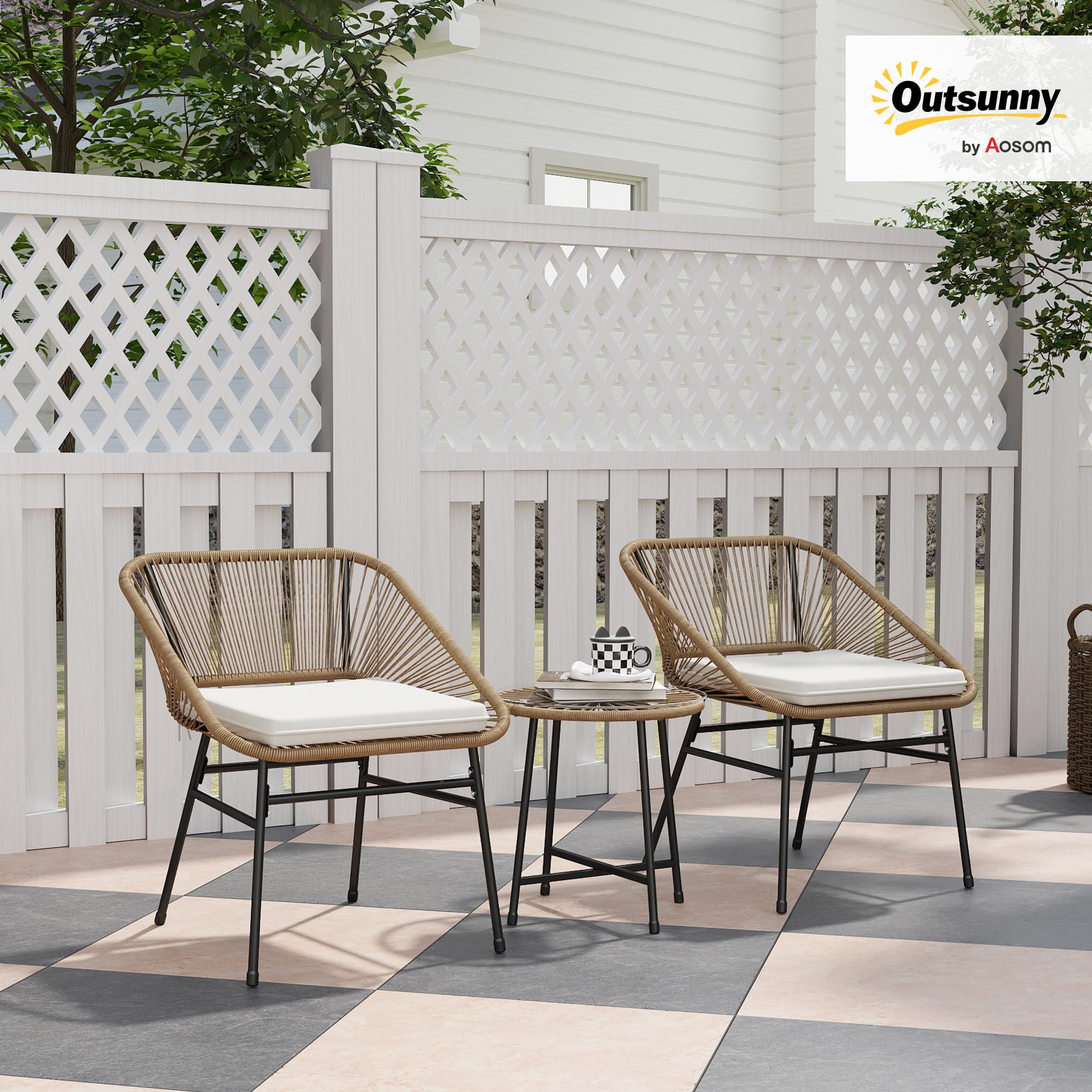 Outsunny Set da Giardino 3 Pezzi in Rattan PE e Acciaio, Set 2 Sedie con Cuscini e Tavolino da Caffè a Cilindro con Piano in Vetro, Set di Mobili da Balcone, per Patio e Cortile, Color Legno