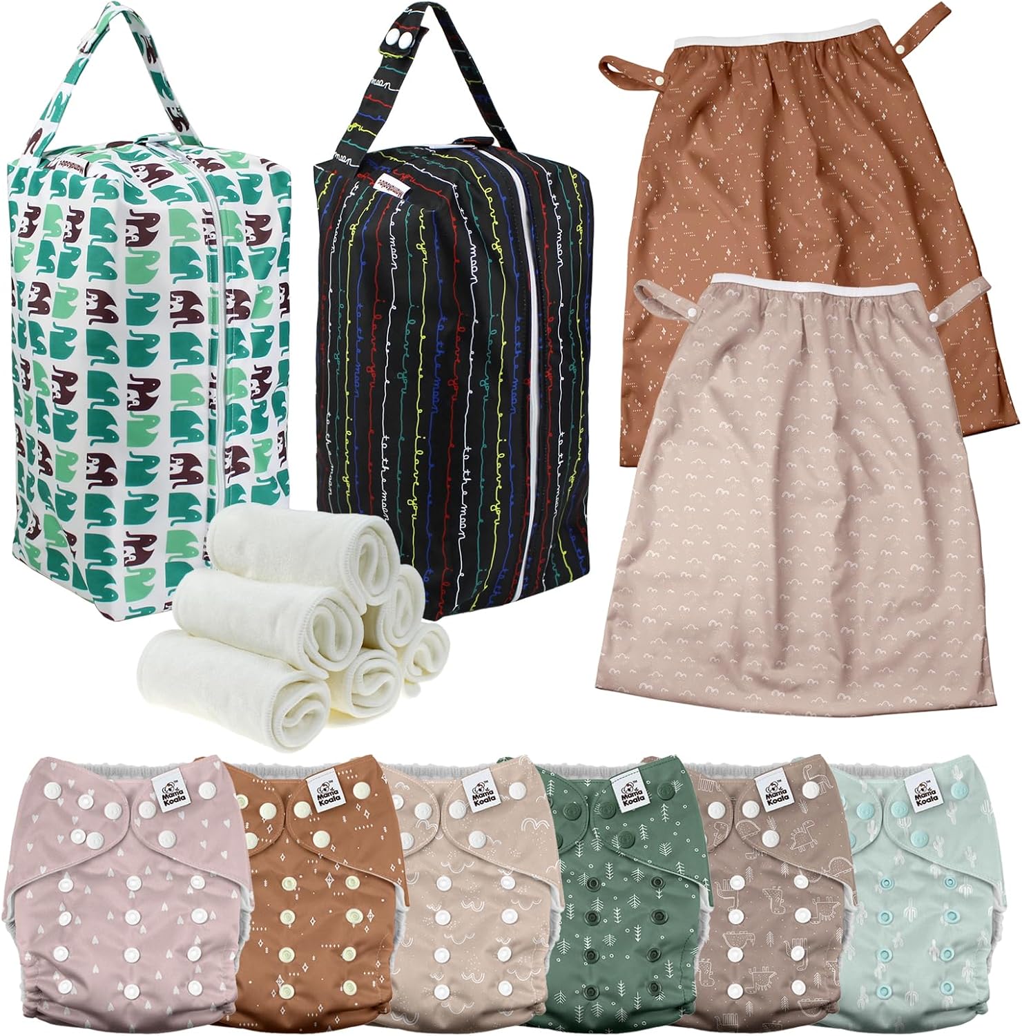 Mama Koala 3.0 Baby Cloth Diapers with 6 Inserts Bundle, with 2 Pack Diaper Pods, and 2 Pack Waterproof Pail Liners