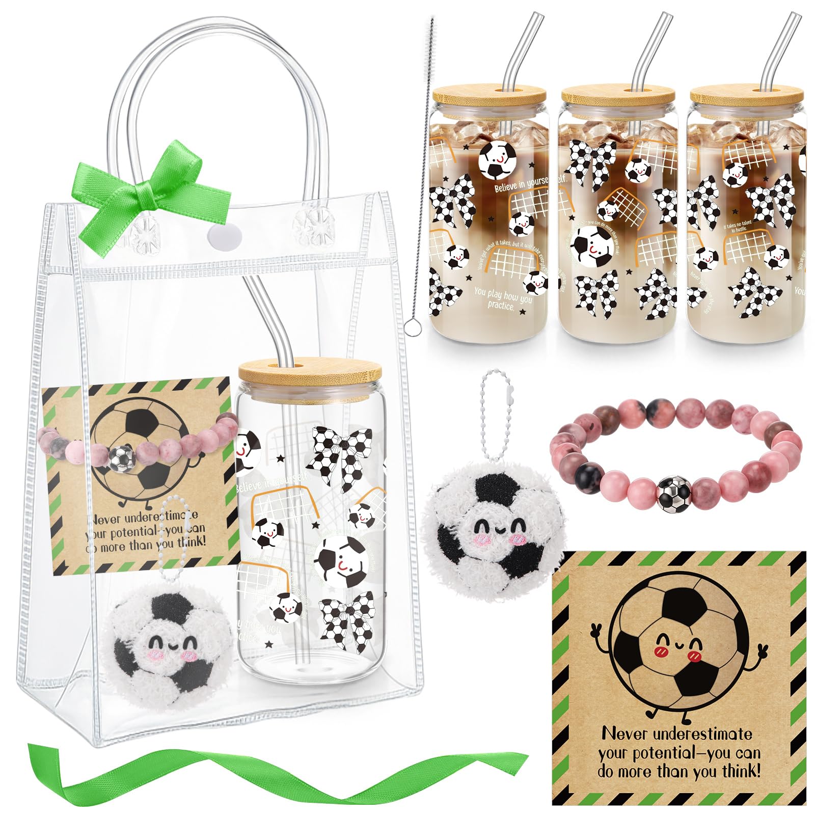 Photo 1 of Roshtia 6 Pcs Soccer Lover Gifts Straw Glass Cup Support Doll Natural Stone Bracelet with Ribbon Card Bag Office Inspirational Gift for Coworker Team Player Sport Party Favor