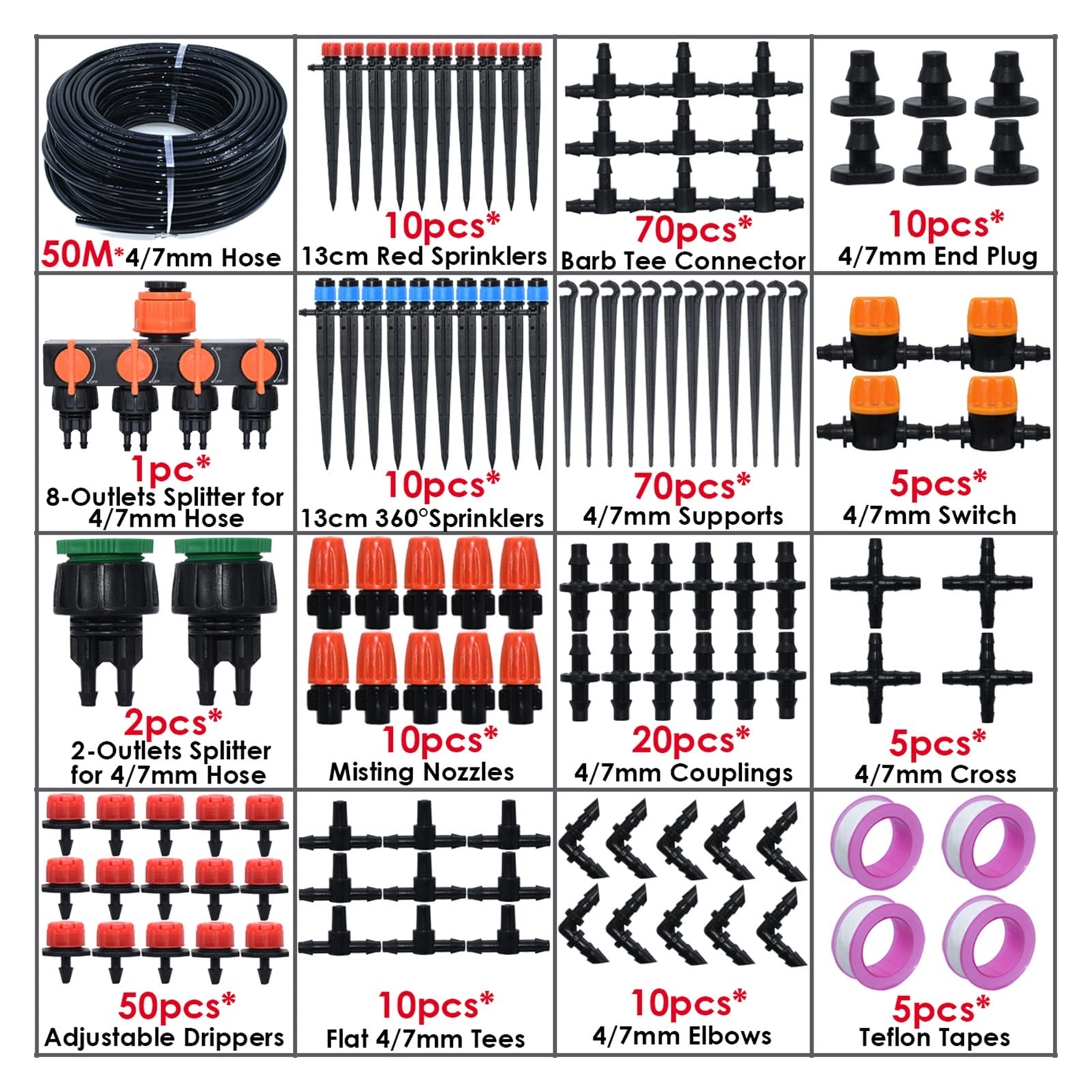 Zestaw do nawadniania kropelkowego 5-50 m DIY Micro Drip System nawadniania 4/7 mm Automatyczny nawadnianie roślin 8/4/2 Outlet Diverter Garden Hose Kit Regulowany Dripper (Kolor: KSL01-KIT290-15M)