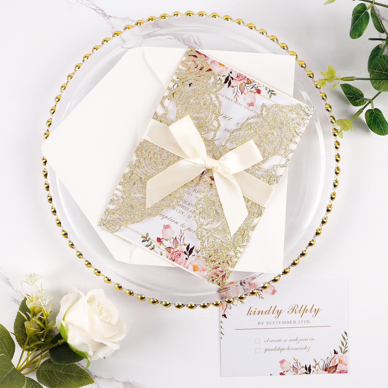 Maffily 50pcs Gold Glitter Laser Cut Invitation Pockets Rose Personalized Blank Wedding Invitations with Envelopes and Rsvp Cards for Wedding Bridal Shower QuinceañEra Engagement Party Invite
