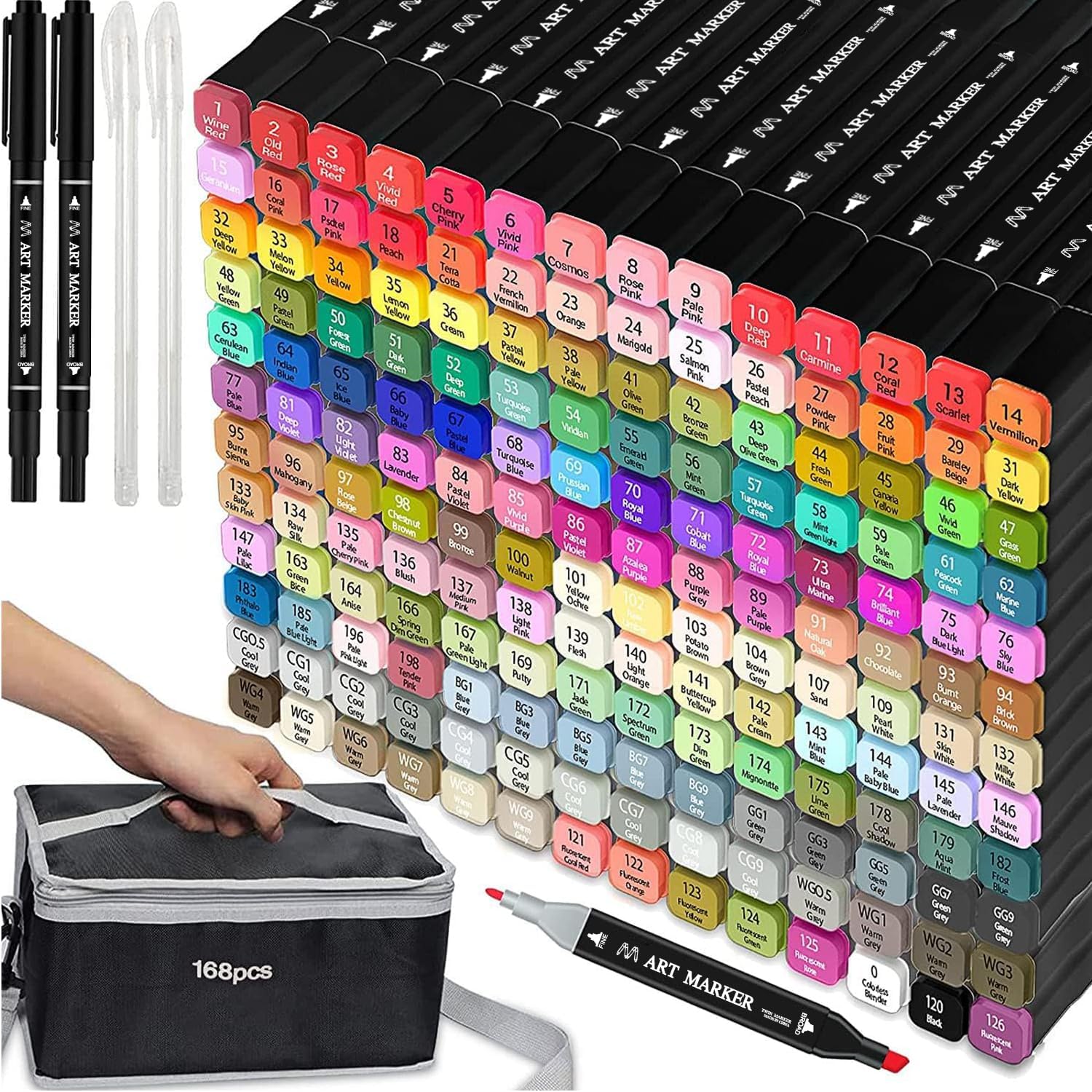 AOMEES168 Colors Dual Tip Permanent Markers Set, Art Marker Pen with Carrying Case and Storage Base for Adults Artists Drawing, Coloring, Sketching