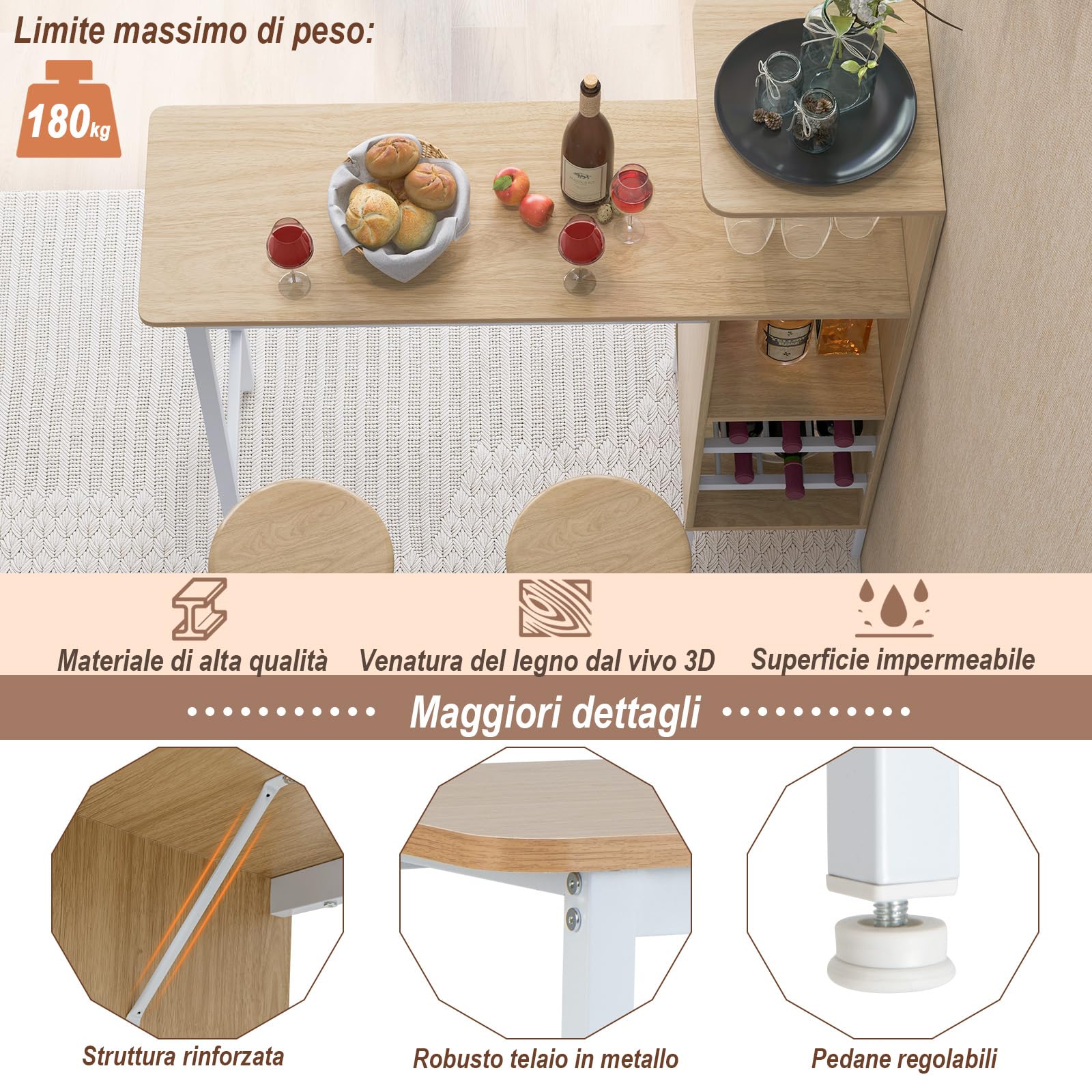GYMAX Set di Tavolo e 2 Sgabelli da Bar, Salvaspazio con Portabicchieri, Portabottiglie e Mensole Aperte (Naturale)