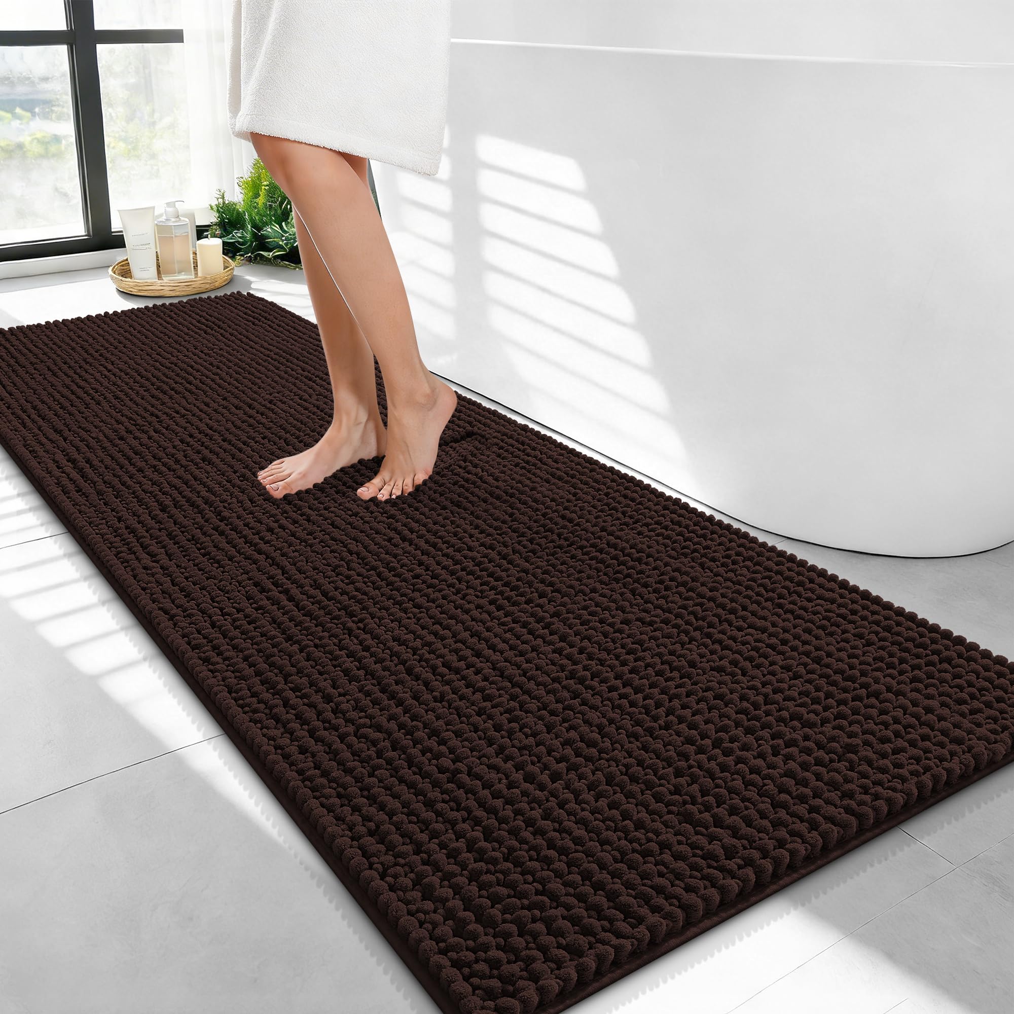 OLANLY Thick Chenille Bathroom Runner Rugs 47x24, Absorbent Bath Mat, Brown