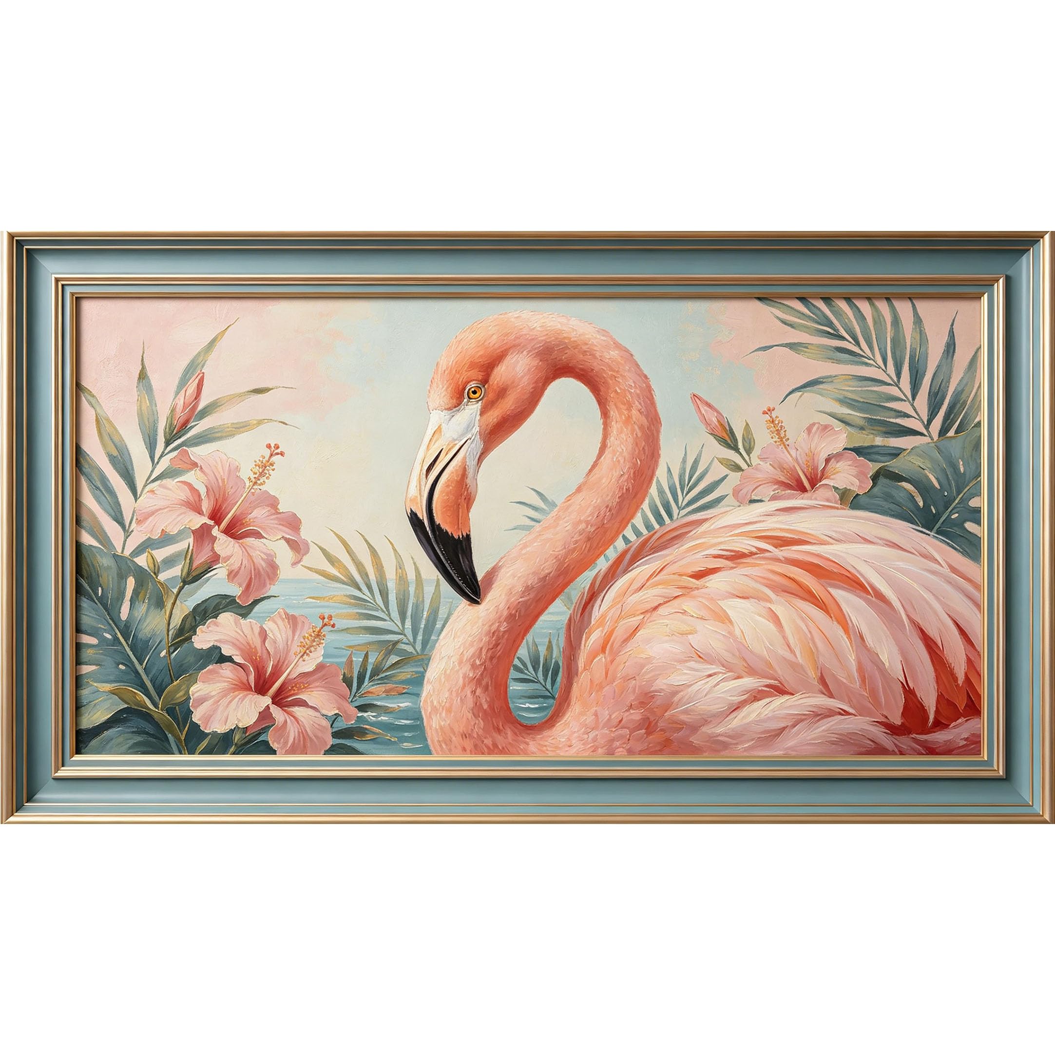QZLITHOTIC 50x90cm3D Framed Wall Art， Tropical Flamingo Hibiscus Floral Jungle Self‑Adhesive Mural， Water‑Activated Peel & Stick Fabric Decor Wall Decal for Bedroom Living Room