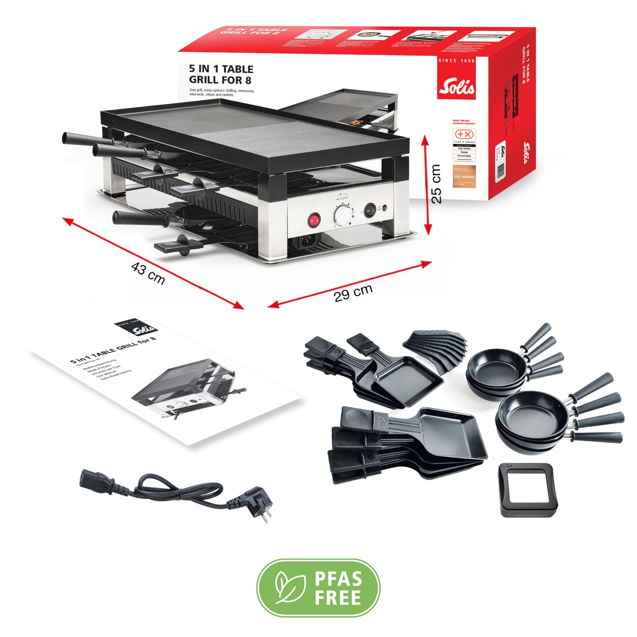 Solis 5 in 1 Table Grill 791 Raclette 8 Personen - Raclette + Tischgrill + Wok + Pizza Grill + Crêpes - Elektrogrill - 1400W - Edelstahl