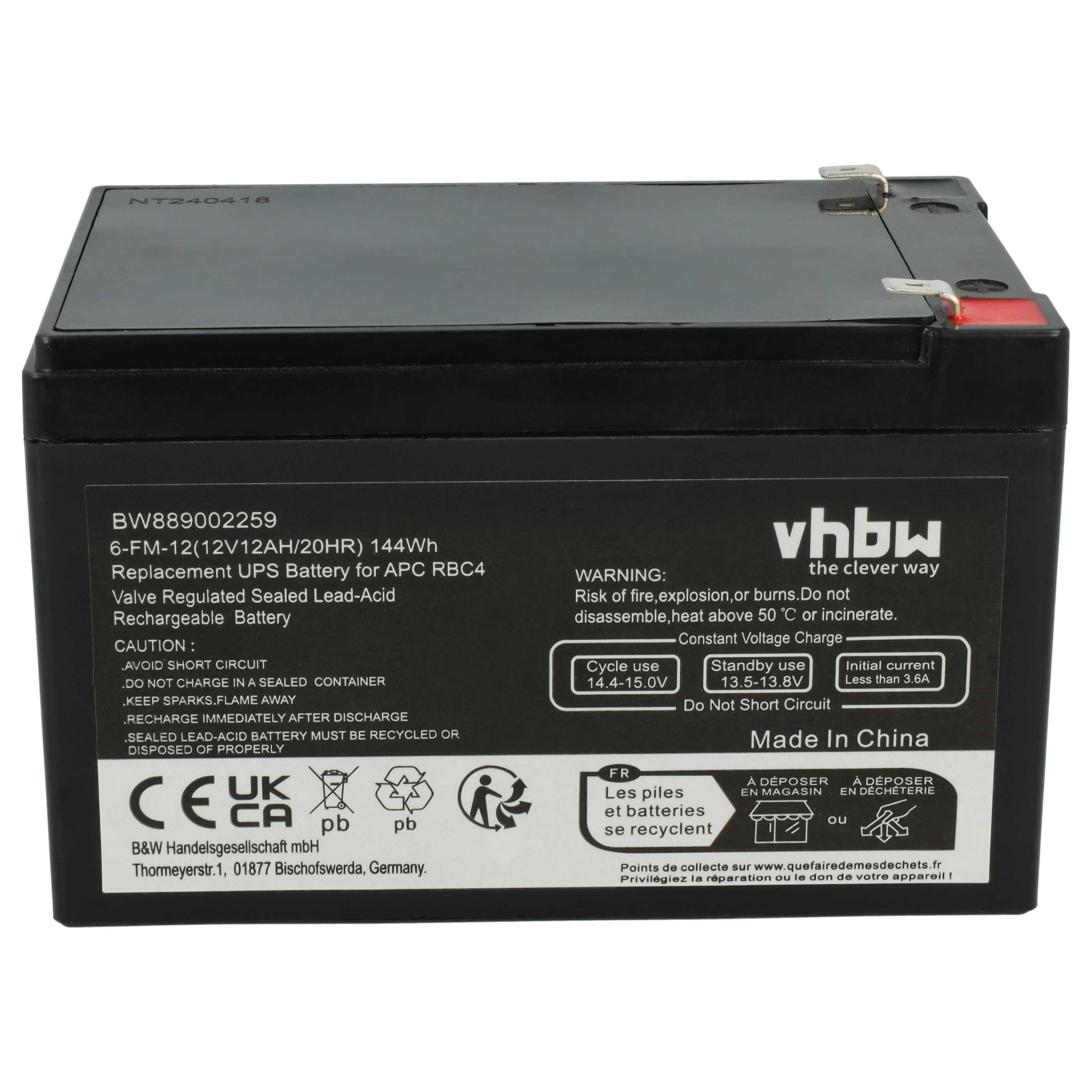 vhbw 1x batteria sostituisce APC RBC4, VISRBC4 per UPS (12Ah, 12V, AGM)