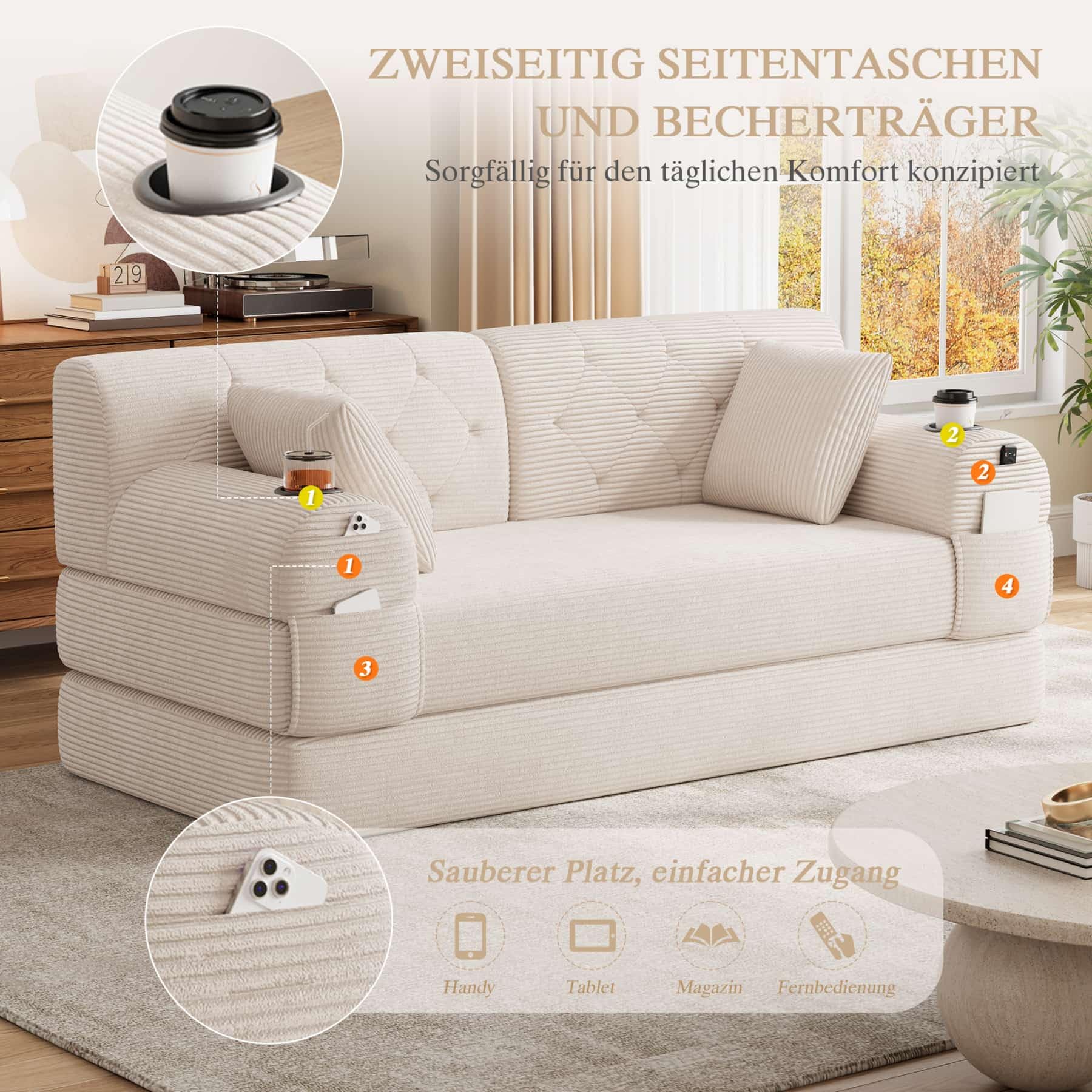YEHTOKHOME - Sofá de Velor acanalado con respaldo alto y estructura metálica, sofá moderno de 2 plazas con 2 portavasos y 4 bolsillos laterales, para salón, dormitorio (Beige)
