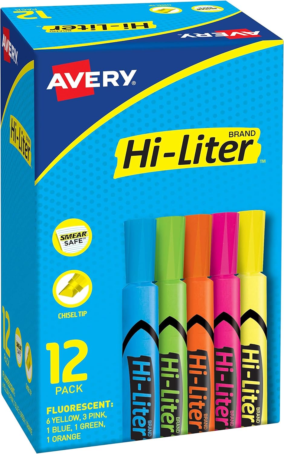 Product image of Avery Hi-Liter Desk-Style Highlighters, Smear Safe Ink, Chisel Tip is great for sketch book art, 12 Assorted Colors (98034)