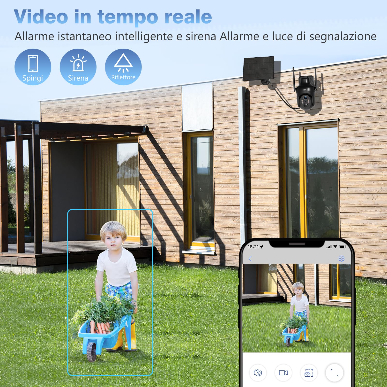 Xega Wi-Fi Telecamera Solare Esterno Senza Fili, HD PTZ Telecamere Solare | 5200mAh Batterie,Visione Notturna a Colori,Rilevamento Umano PIR,Audio a 2 Vie,IP66,TF/Cloud,2,4GHz