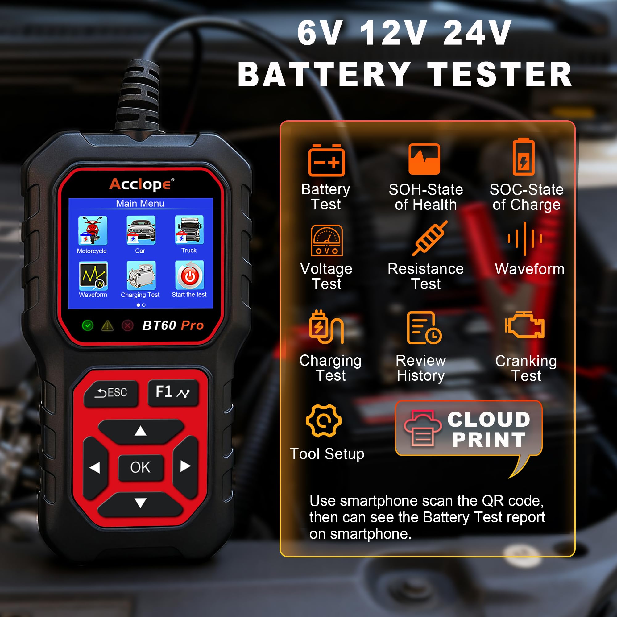 BT60 Pro Tester Digitale per Batterie Auto, CCA 100-3000, Analizzatore 6V 12V 24V, Sistema di Diagnostica Alternatore per Auto, Moto, Camion, Compatibile con AGM, Litio, Gel