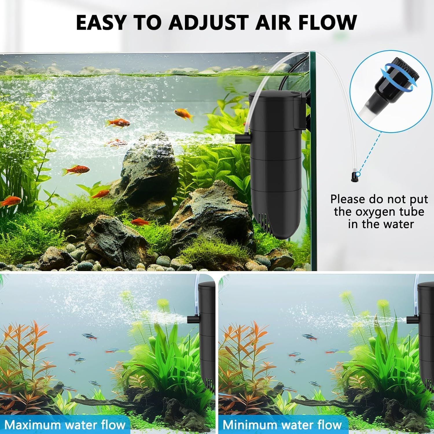 fishkeeper Filtre d'aquarium pour aquarium de 80 à 115 litres, filtre submersible en 4 étapes avec débit d'air réglable, filtration d'oxygénation et circulation (13 W 186 GPH)