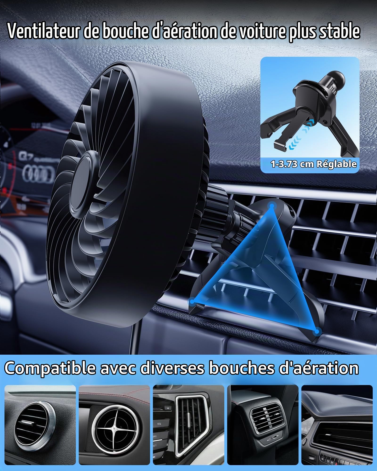 Ventilateur AC USB pour voiture, SUV, fourgonnette, pick-up, camping-car, véhicules, ventilation de voiture, ventilateur de ventilation pour augmenter la circulation de l'air de