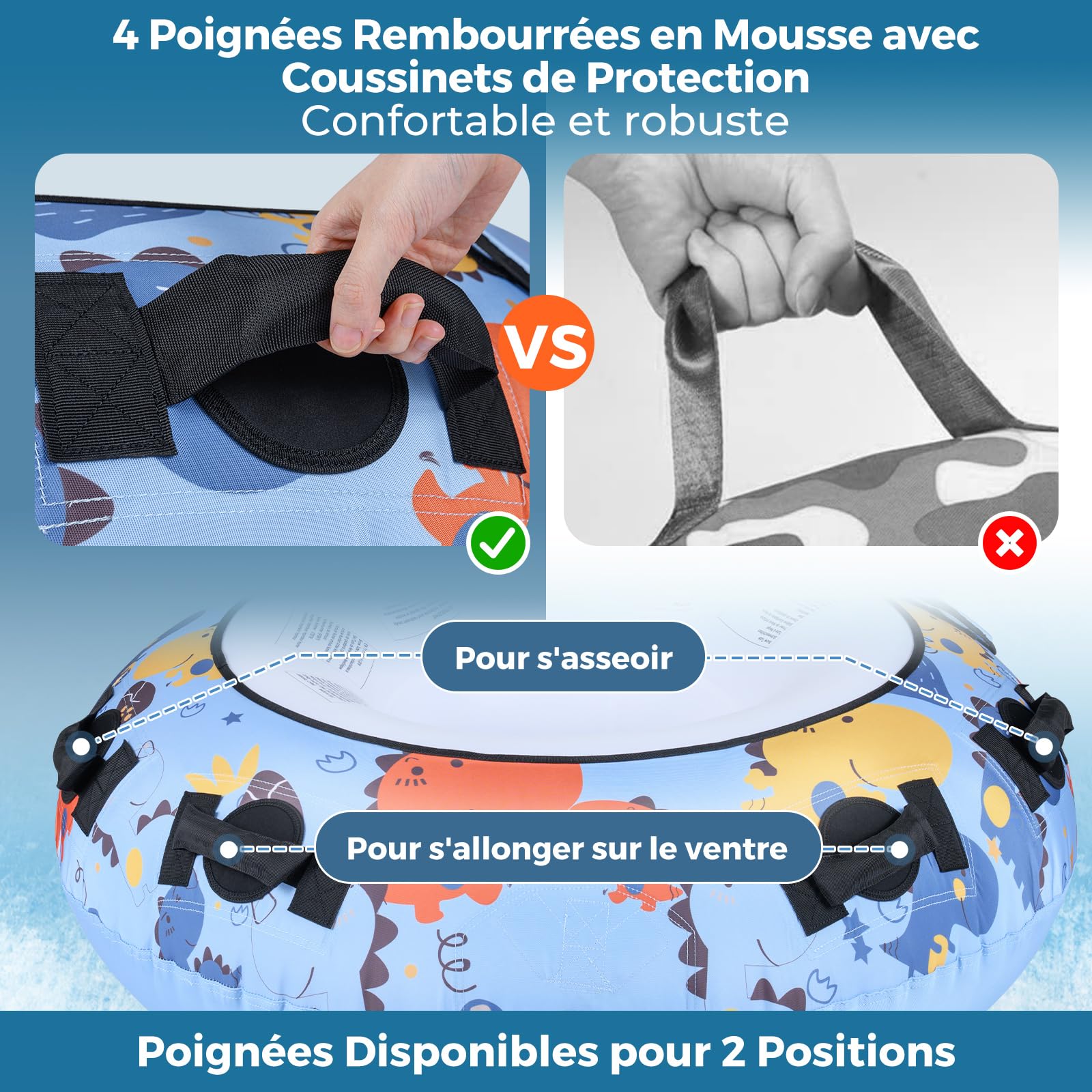 COSTWAY Luge Bouée Gonflable, Traîneau à Neige Robuste en Housse Oxford avec Poignées Robustes Gonfleur Manuel, Jouets Amusants d'hiver pour Enfants Adultes (Dinosaure)