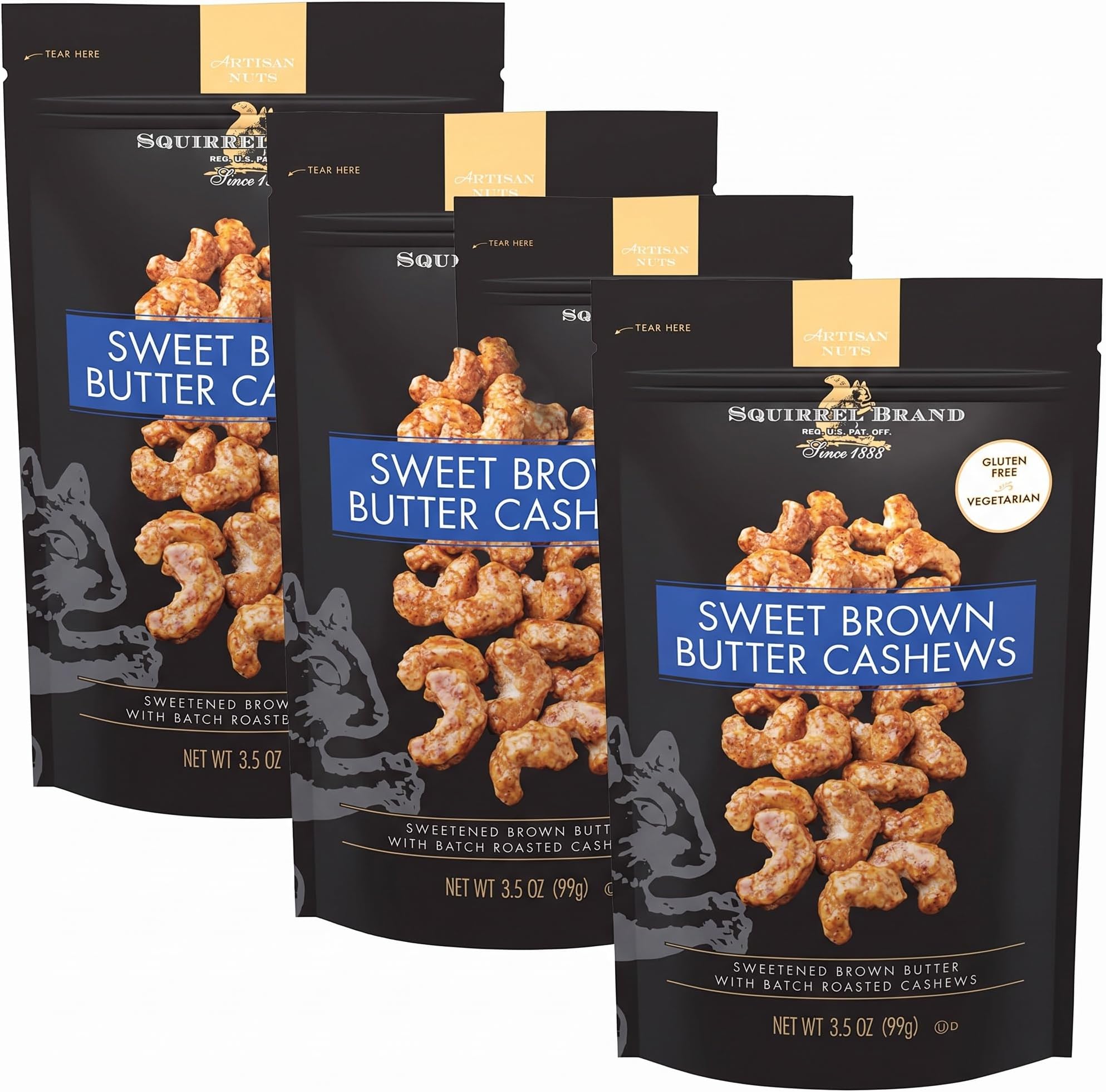 Squirrel Brand Sweet Brown Butter Cashews, 3.5 oz, Pack of 4