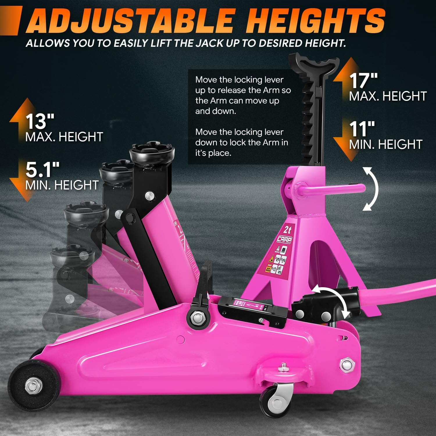 Low Profile Hydraulic Trolley Service/Floor Jack Combo with 2 Ratchet Jack Stands, 2 Ton (4000 lbs) Capacity, Lifting Range 11"-17", CAAP-TOLS-FJK-Set-PR