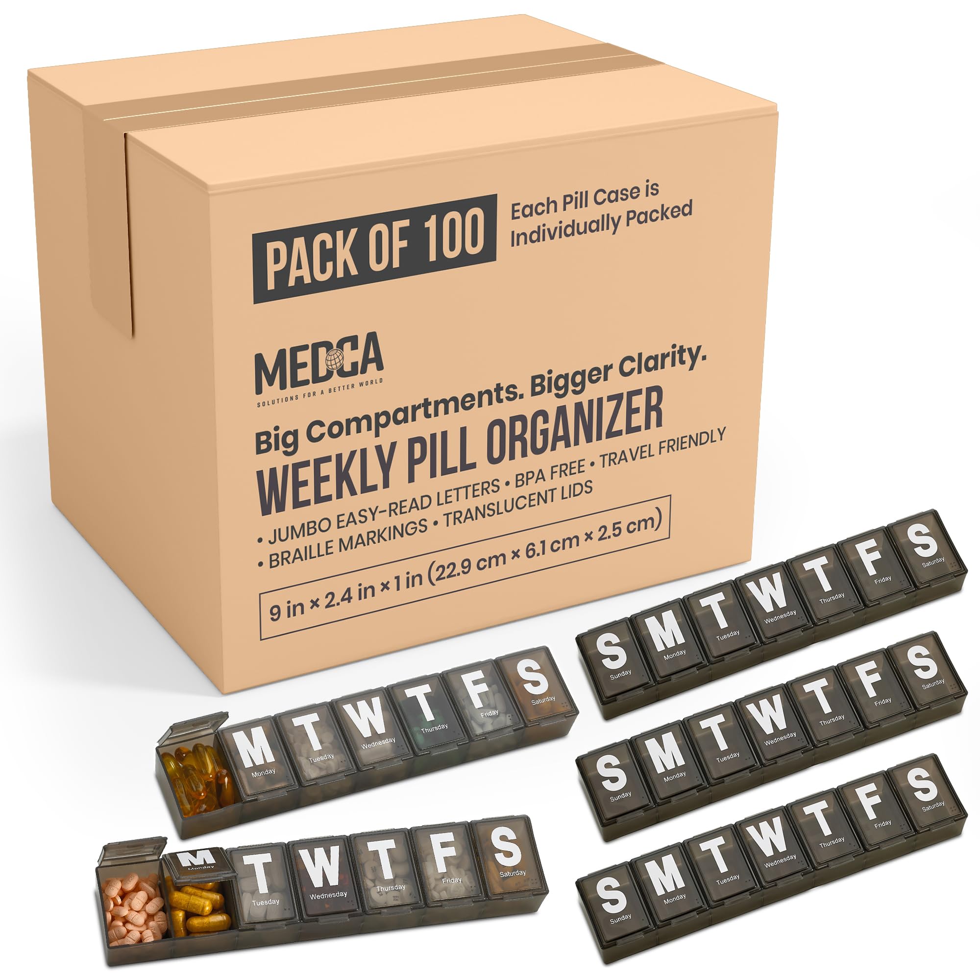 Weekly Pill Organizer - Extra Large with Easy to Read Jumbo Letters Vitamin Container, BPA Free - Daily Travel 7 Day Medication Pill Box Case, (Black, Case of 100)