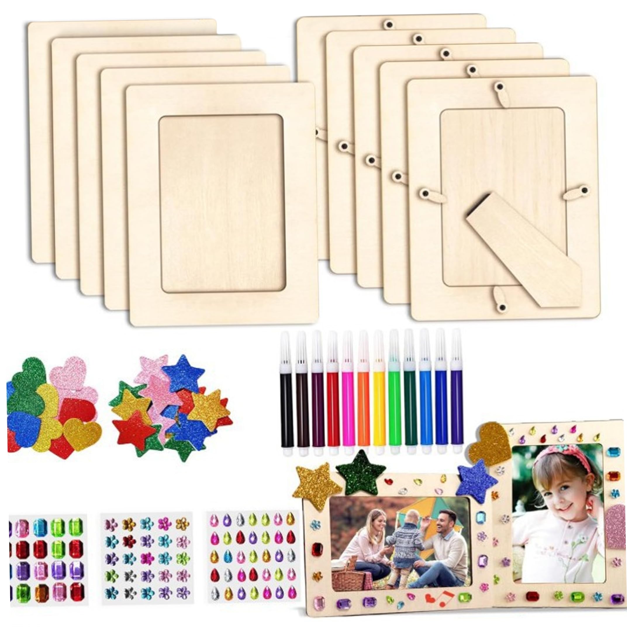 Bemonew Wooden Painting Crafts DIY Picture Frame Craft Kits, Unfinished Wooden Painting Crafts for Kids with Pen, Stickers