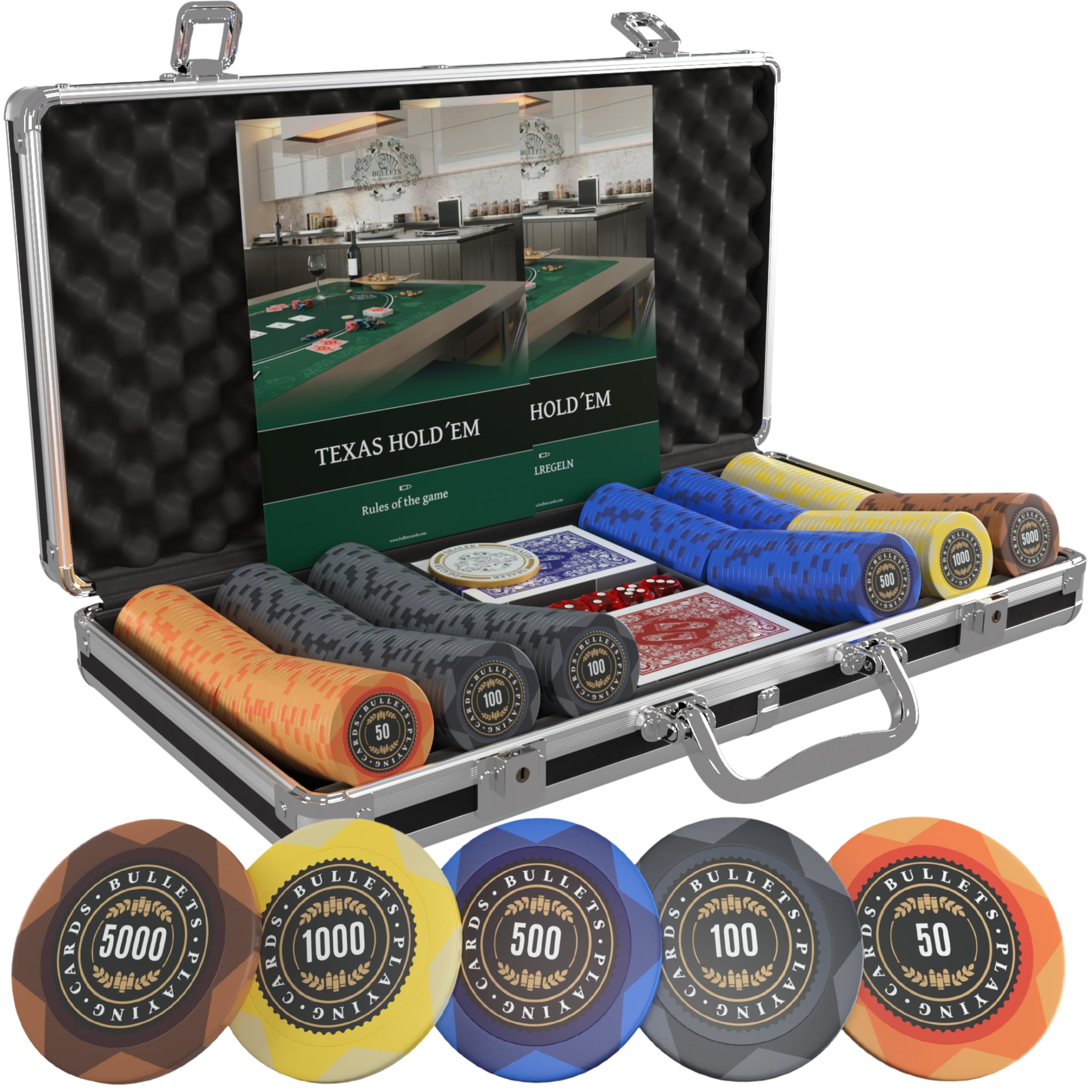 Bullets Playing Cards, Adriana Pokerkofer, juego de póquer con 300 fichas de póquer de arcilla con valores, incluye botón de distribuidor de cerámica y tarjetas de póquer