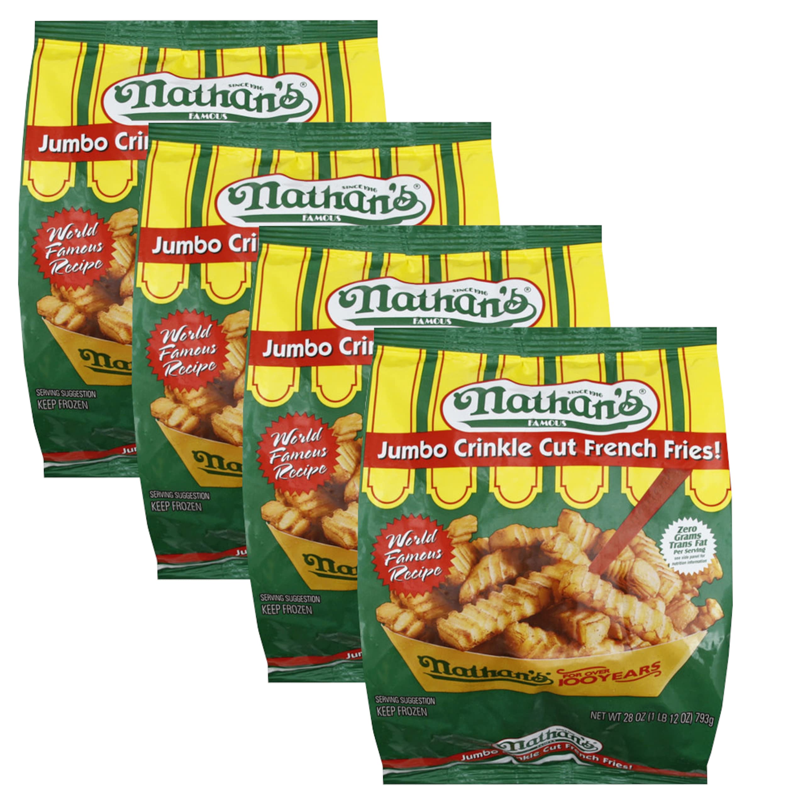 Nathan's Famous French Fried Jumbo Crinkle Cut French Fries - 0 g Trans-Fat Per Serving - Quick & Easy to Make and Ready Set Gourmet Donate a Meal Program - 4 Pack (28 oz Each)