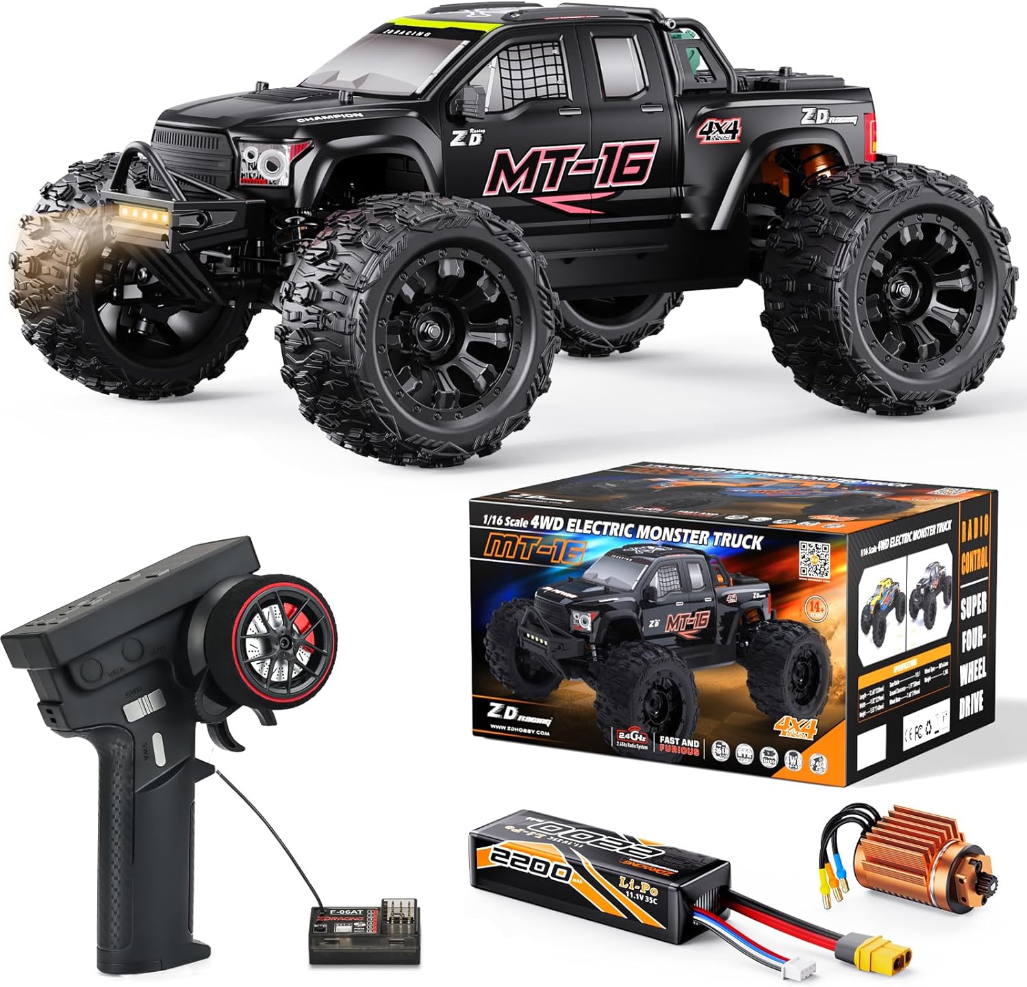 ZD Racing MT-16 1/16 50MPH Brushless 4WD RC Truck,Upgradeable All-Terrain Remote Control Cars with 3S Battery,Waterproof Fast Off-Road RC Truggy for Adults,Suitable as Gift for Snow/Sand Adventures