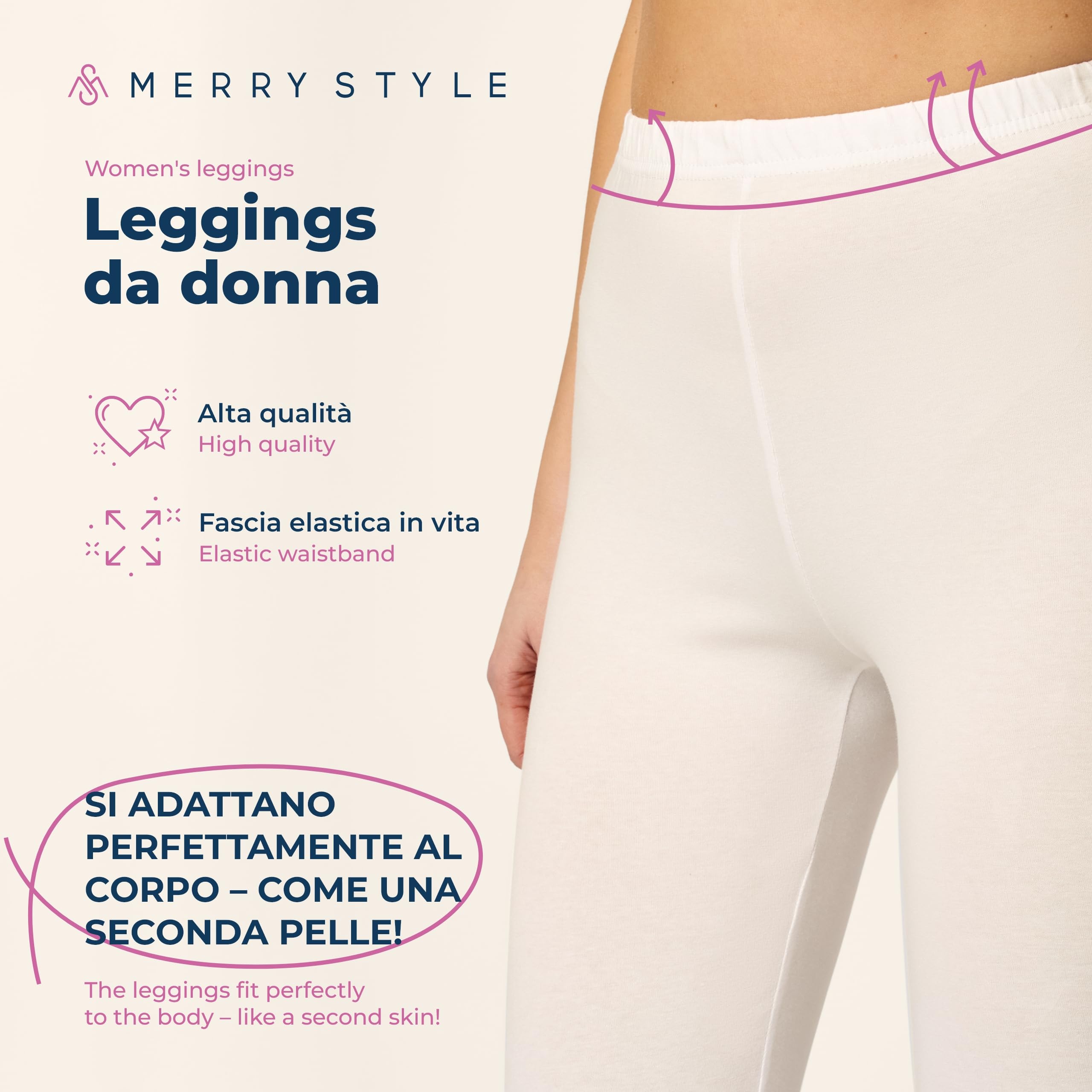 Merry Style Leggings Donna 3/4 Pantaloni Capri Morbidi e Confortevoli Leggins Donna in Cotone Traspirante Elastici e Delicati sulla Pelle Sensibile MS10-199