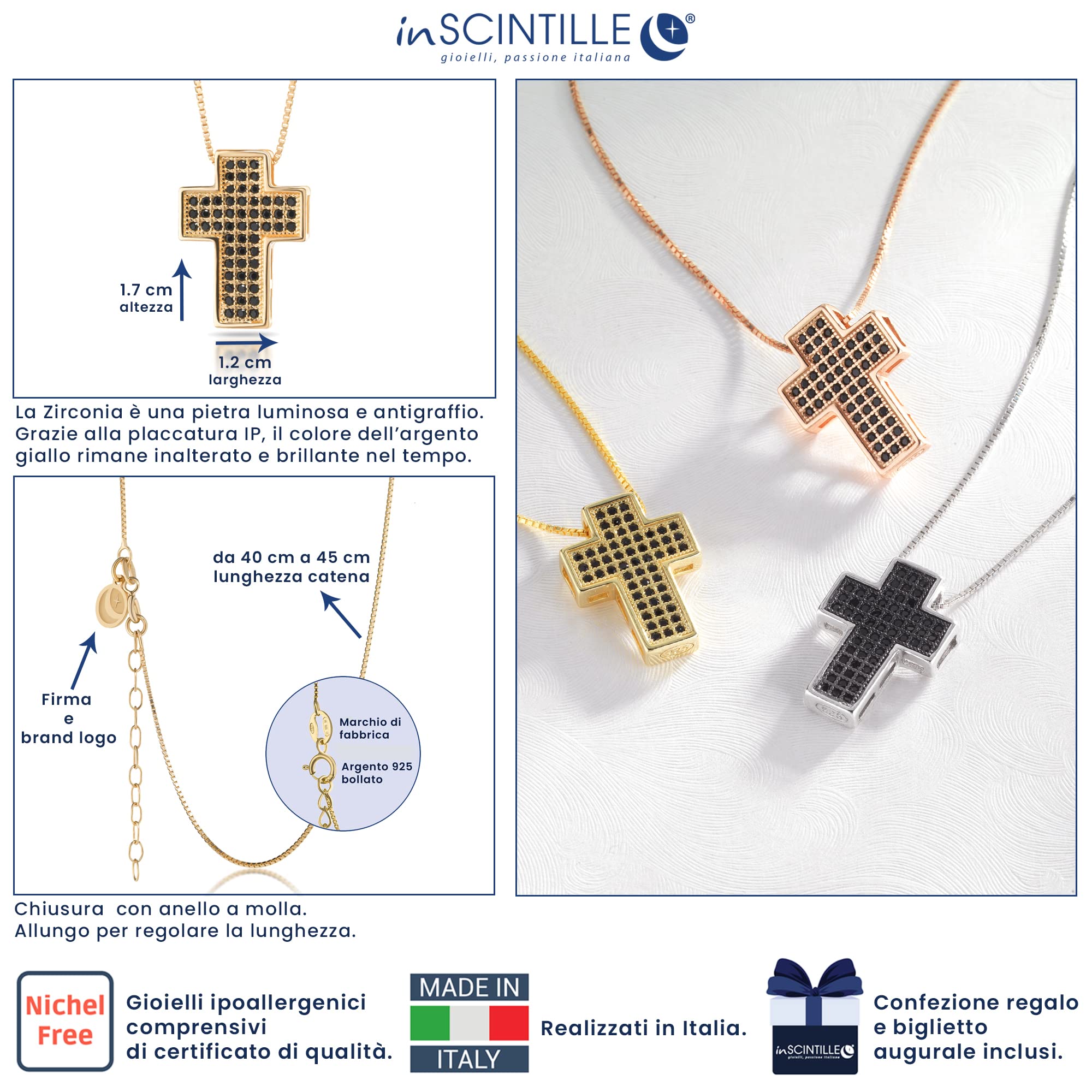 inSCINTILLE Collana Croce Uomo Donna in Argento Rodiato 925, Ciondolo Crocifisso con Punti Luce di Zirconia Cubica, Unisex 100% Made in Italy