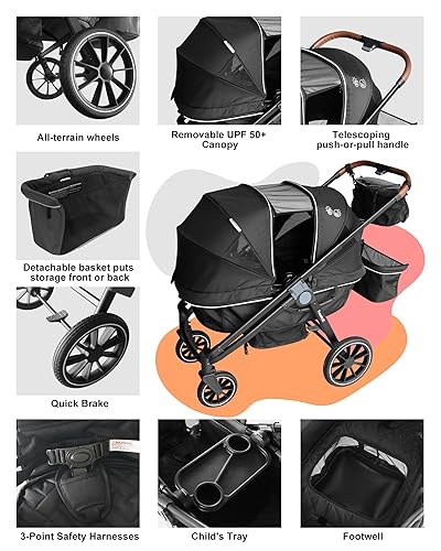 Miniatura 7 de Cochecito de vagón tándem - Diseño todo terreno 2 en 1, doble asiento, gran almacenamiento, toldo ajustable, bandeja infantil extraíble para niños