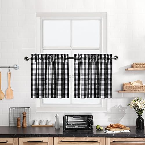 Cortinas de cocina con niveles de cuadros blancos y negros de 24 pulgadas de largo, cortinas de café para cocina y baño, 28 x 24 pulgadas,