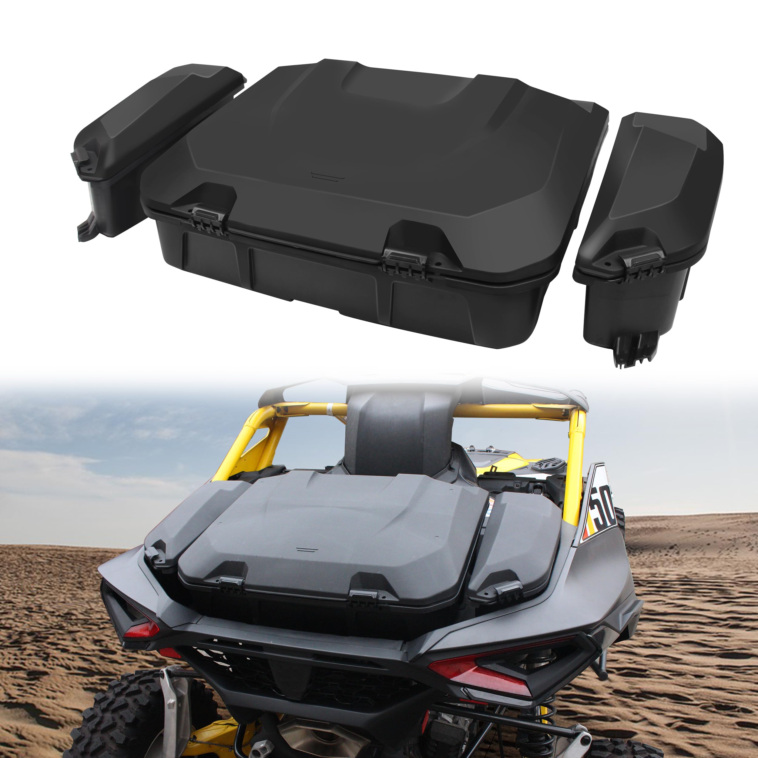 CUSAUTV Rear 96L Storage Cargo Box & 13.5L Side Cargo Storage Boxes Compatible with Can-Am Maverick R X RS 2024+ Accessories Replace #715007182 715007372 Water Resistant Large Capacity Tool Box(3PCS)