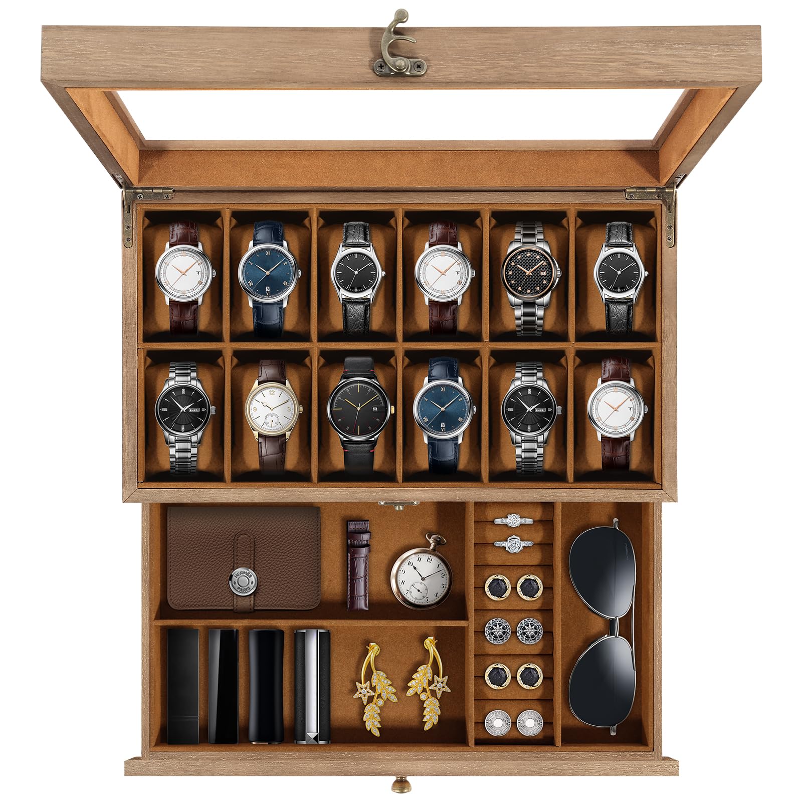 Uten Watch Box 12 Slots, 2-Tier Solid Wood Watch Case with Glass Lid, Metal Clasp, Watch Display Box for Men and Women, Removable Silk Cotton Pillow, Brown Lining, Jewelry Storage Box, Gift Idea