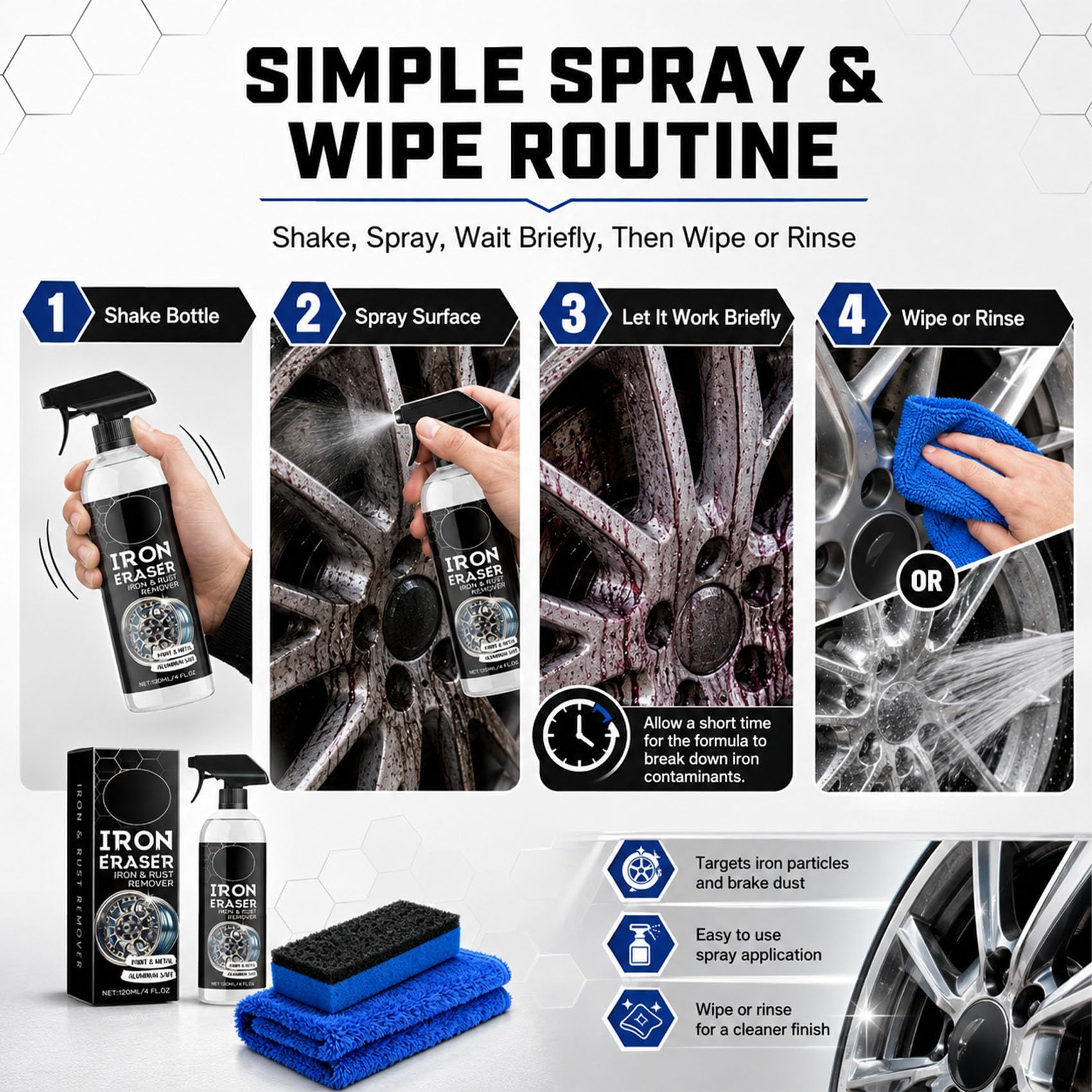 Iron Eraser Iron and Rust Remover Spray for Car Wheels, Paint, Brake Dust, and Metal Surface Cleaning, Automotive Care (1pcs)