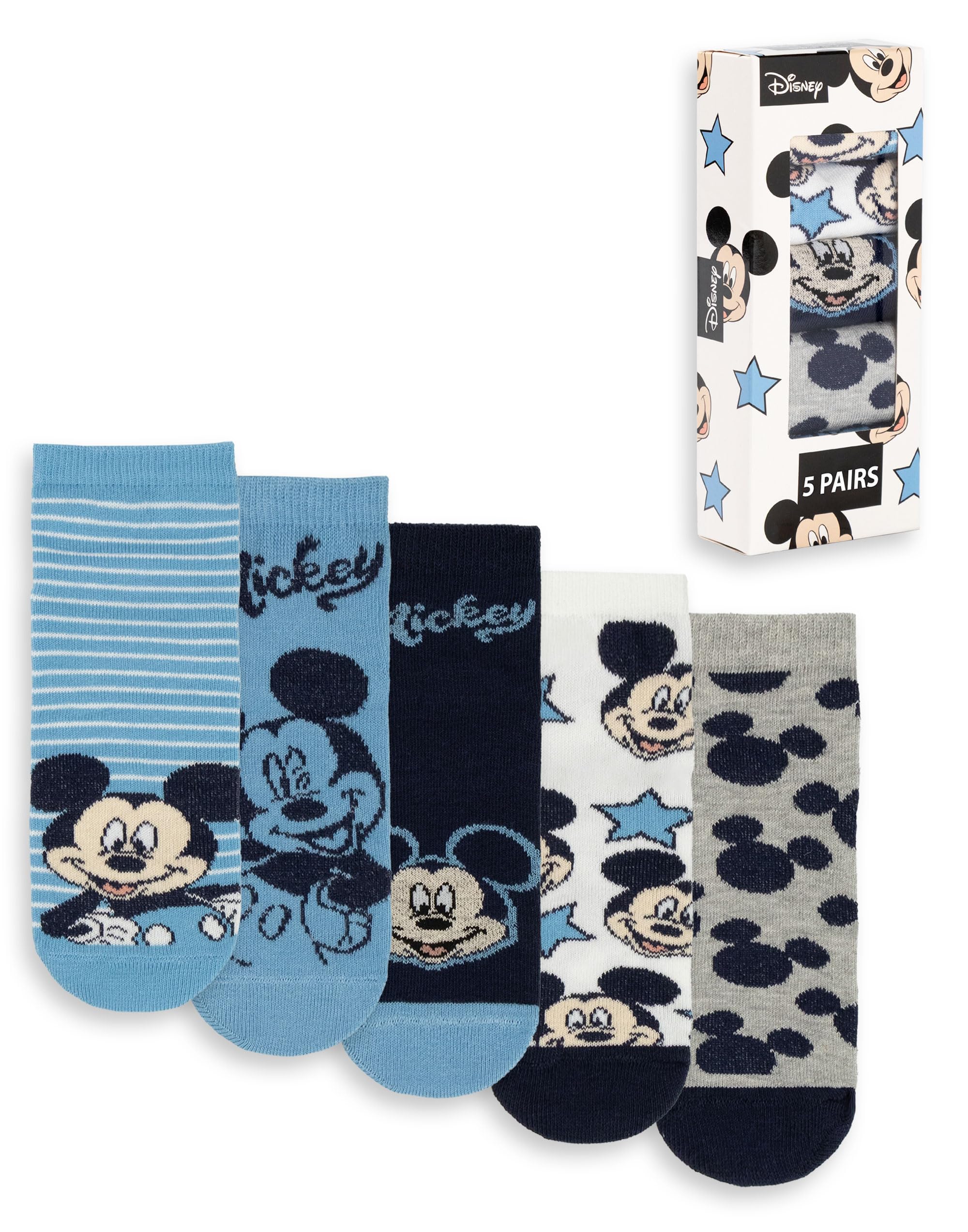Disney Boys Blue Mickey Mouse Calf Socks Set Of 5 | Black, White, Grey | Stripes, Polkadots, Character Print | Everyday Wear | Kids Cartoon Accessories Merch - 6-8.5 Uk Child