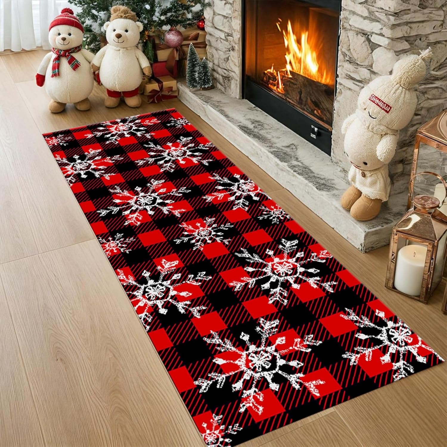Christmas Rug Runners for Hallways,2x7ft,Vintage Snowflakes Moroccan Plaid Runner Rugs,Winter Home Decor Long Runner Rug Washable Runners for Entrance Xtmas Front Door Decorations