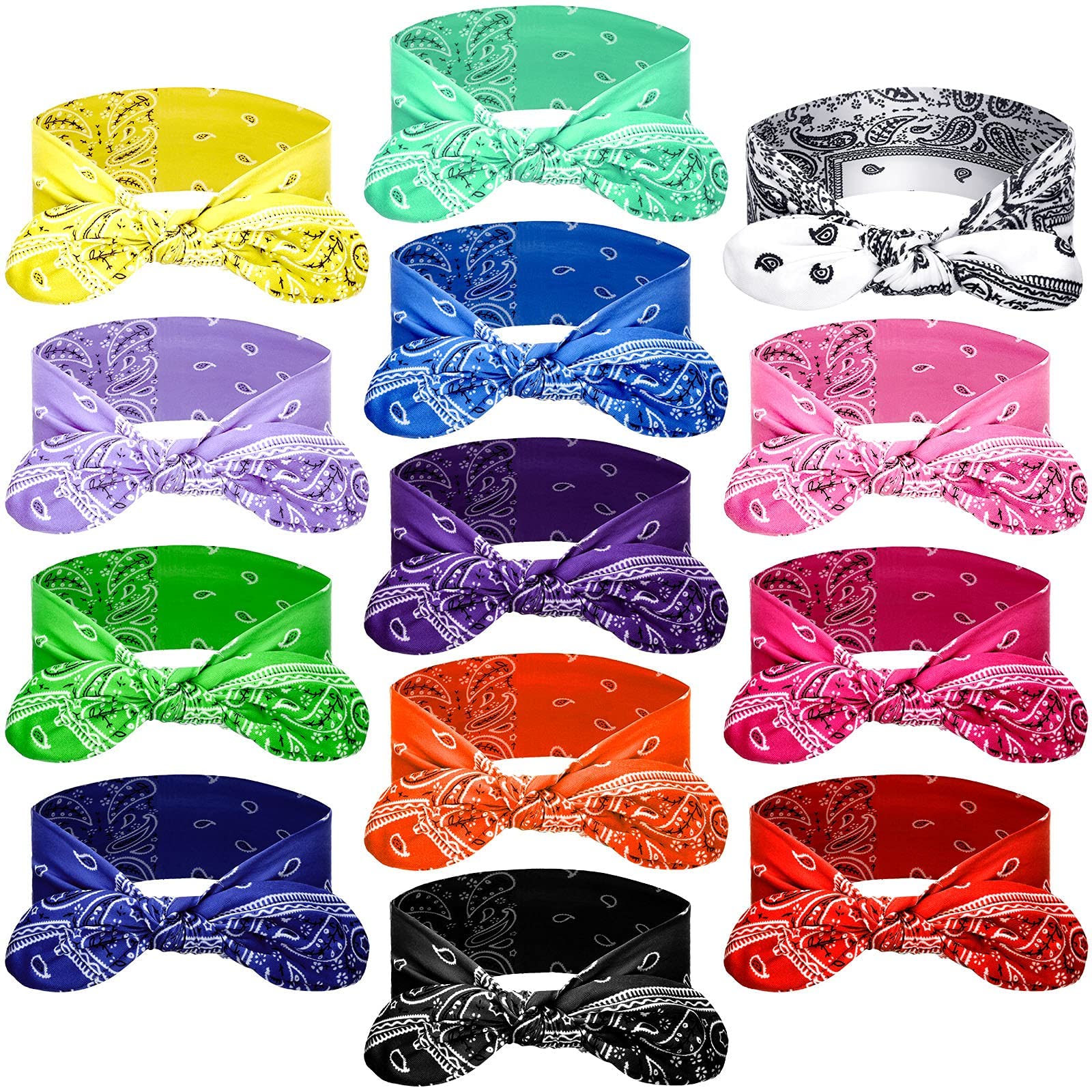 WILLBOND13 Pieces Bandana Headband for Women Paisley Hair Bandanas Boho Bow Headbands Elastic Knot Rabbit Ear Head Wrap Cute Hair Accessories for Women 7.87x2.75 Inch(Stylish Color)
