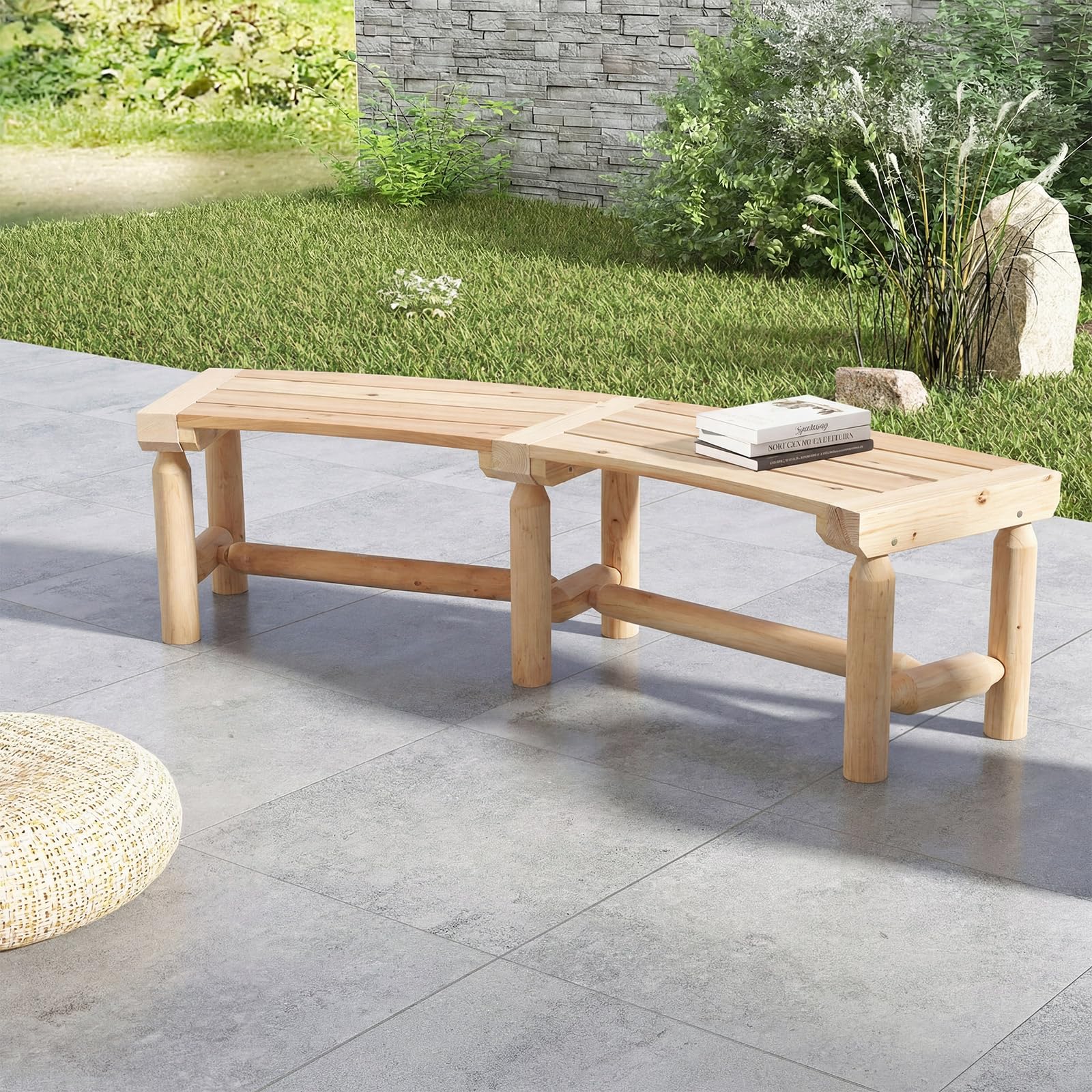 COSTWAY Panchina da Esterno in Legno per 2-3 Persone, Portata 325 kg, Panca Curva con Sedile Ampio e a Doghe, Panchina da Balcone, Giardino e Cortile (Naturale)