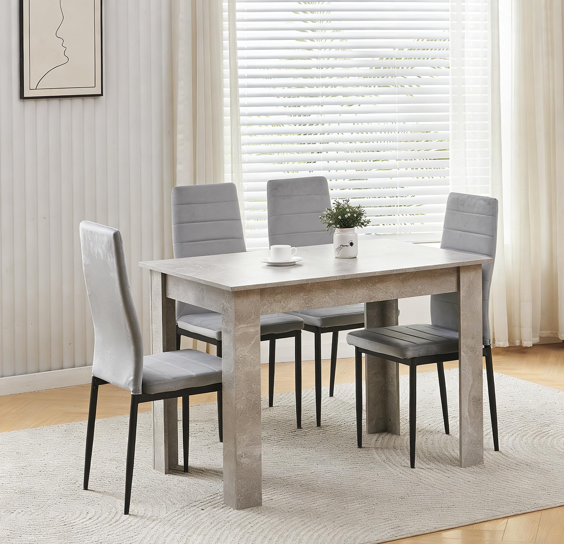 Menaka Wood Dining Table and Chairs Set of 4, Small Rectangular Kitchen Dinner Table with 4 Seaters (line grey velvet chairs, 110cm grey marble table, 4 seaters)