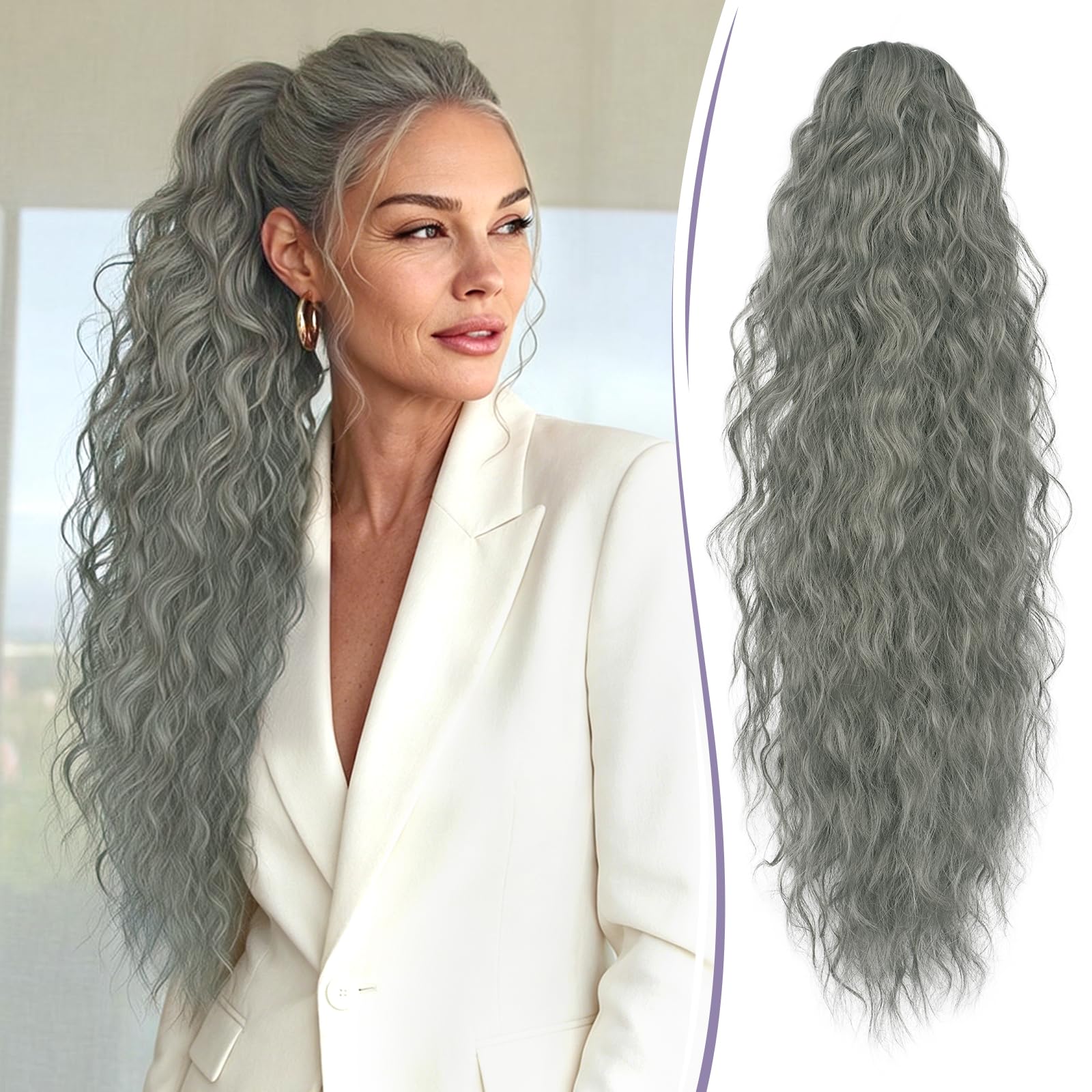 Coleta Postiza Pelo Natural 76 cm Gris con Pinza Rizada Ondulado para Mujeres