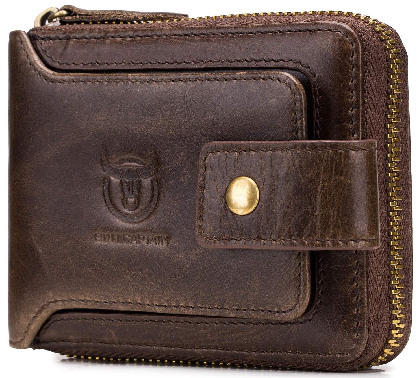 BULLCAPTAINGenuine Leather Men Wallet with ID Window RFID Blocking Zipper Bifold Wallets Multi Card Holder Zip Coin Purse (Brown)