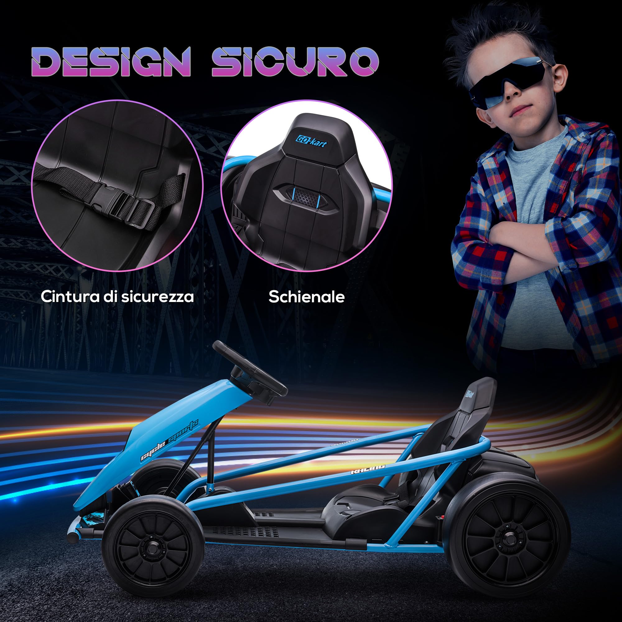 HOMCOM Go Kart Elettrico per Bambini 8-12 Anni 24V 6-13km/h Blu e Nero