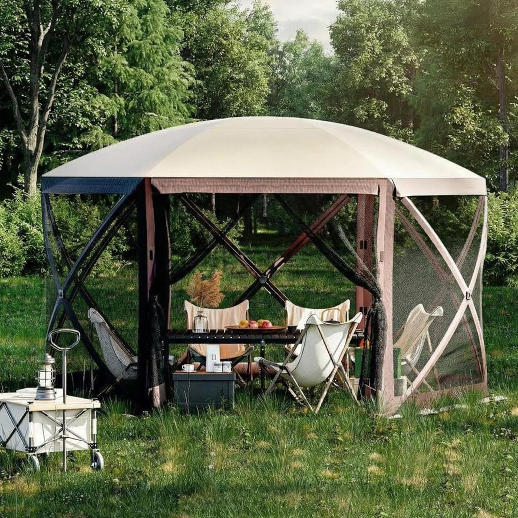 12x12ft Pop-Up Gazebo Screen Tent, 6-Sided Camping Canopy Tent with Mesh Windows & Wind Panels, Screen House Tents for 6-8 Persons Outdoor Camping, Backyard Parties