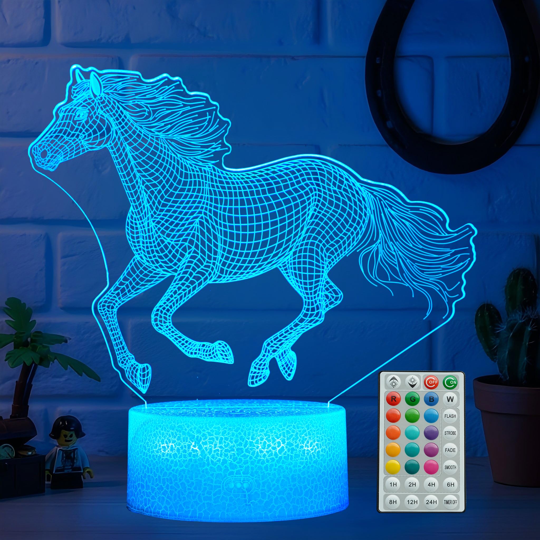 POSSHE Pferd Nachtlicht, Pferd Geschenke für Mädchen, 3D-Illusion Nachtlicht mit 16 Farben ändern, Fernbedienung mit Timer, Kinder Junge Zimmer Dekoration für Geburtstag Weihnachten