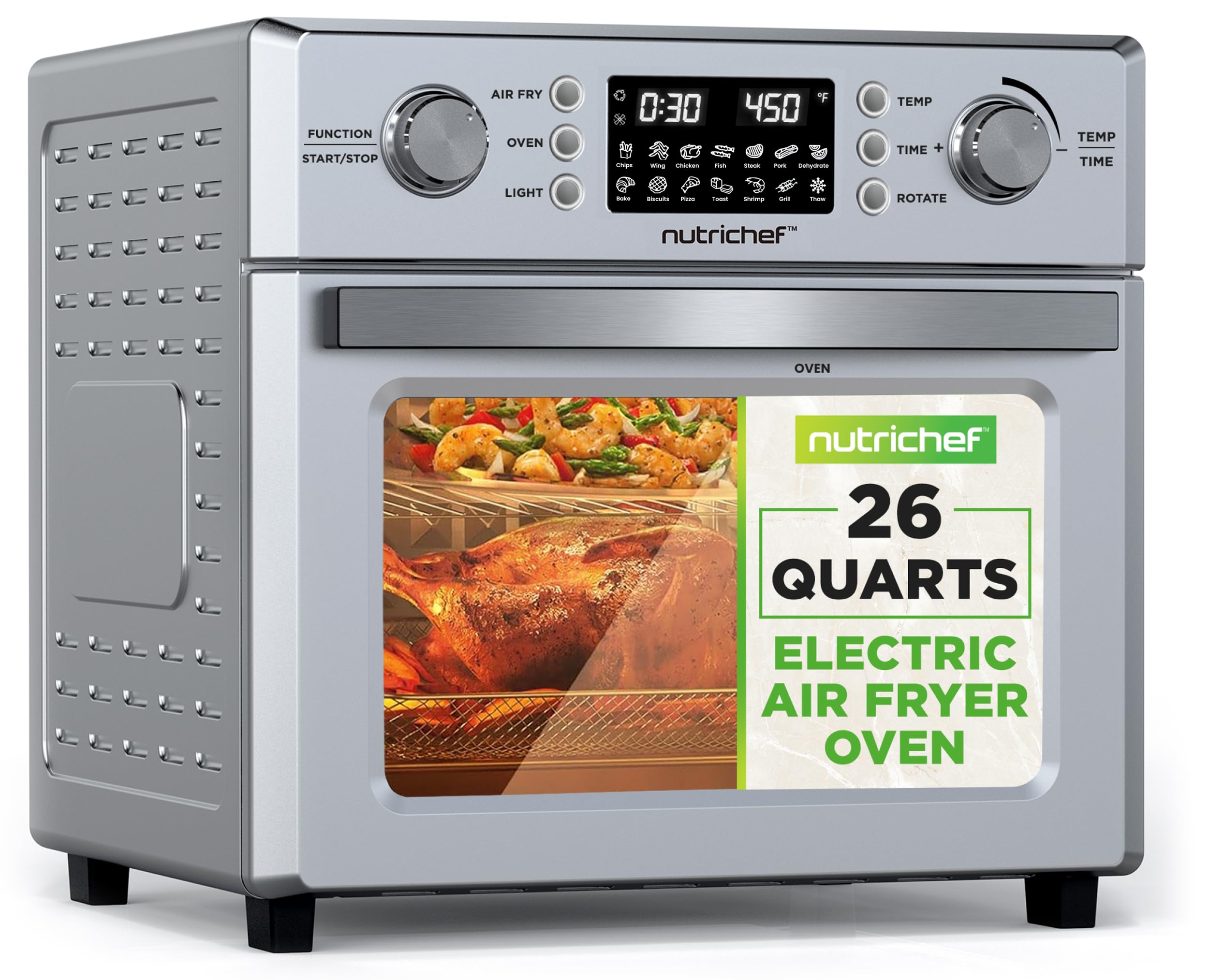NutriChef 26QT Air Fryer Oven | Countertop Convection Toaster & Air Fryer | 360° Rotisserie Feature | 10 Digital Presets | Includes Drip Tray, Air Frying Basket & Bake Rack 15x16x14 | Stainless Steel
