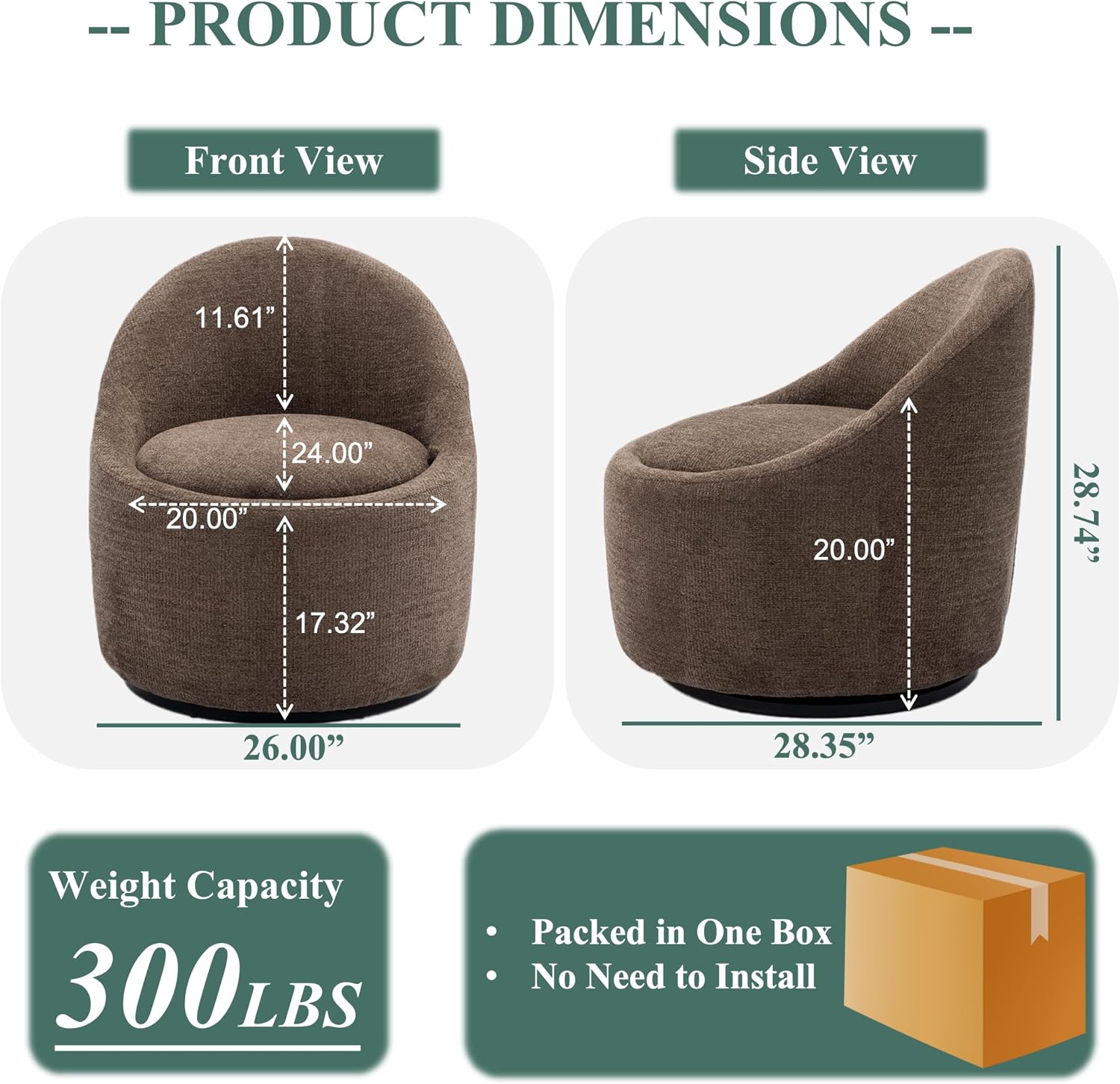 COLAMY 360° Swivel Accent Chair, Upholstered Chenille Fabric Leisure Modern Armchair with Hidden Storage Space for Living Room Bedroom Home Office, Brown